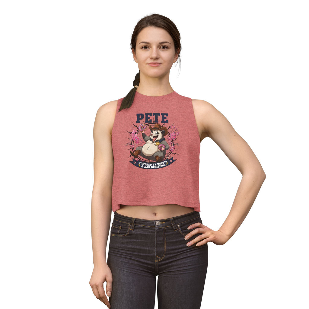 Pete Donut-Loving Raccoon Crop Top — "Powered by Donuts & Bad Decisions"