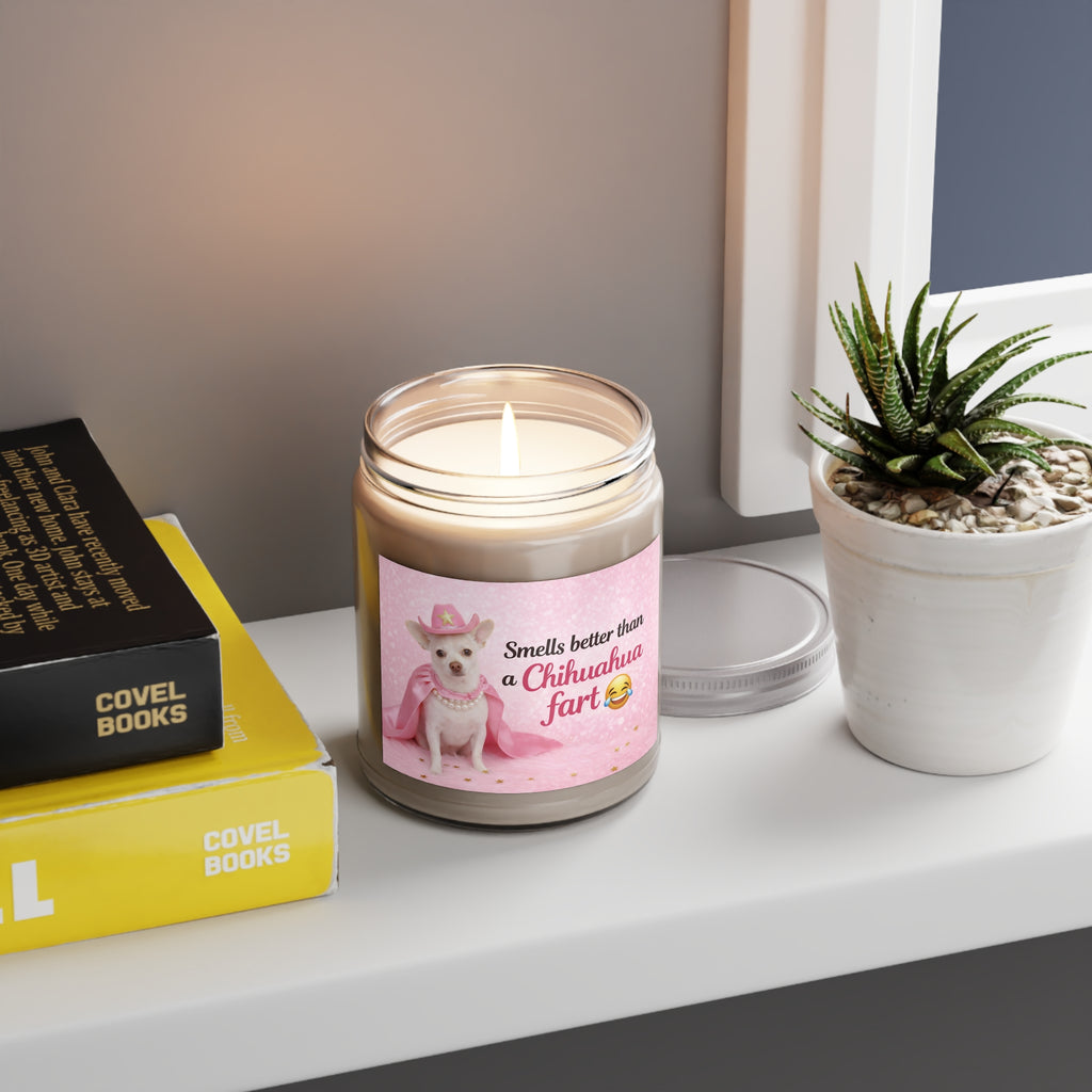 Chihuahua Fart Funny Soy Candle — Scented 9oz Jar with White Lid