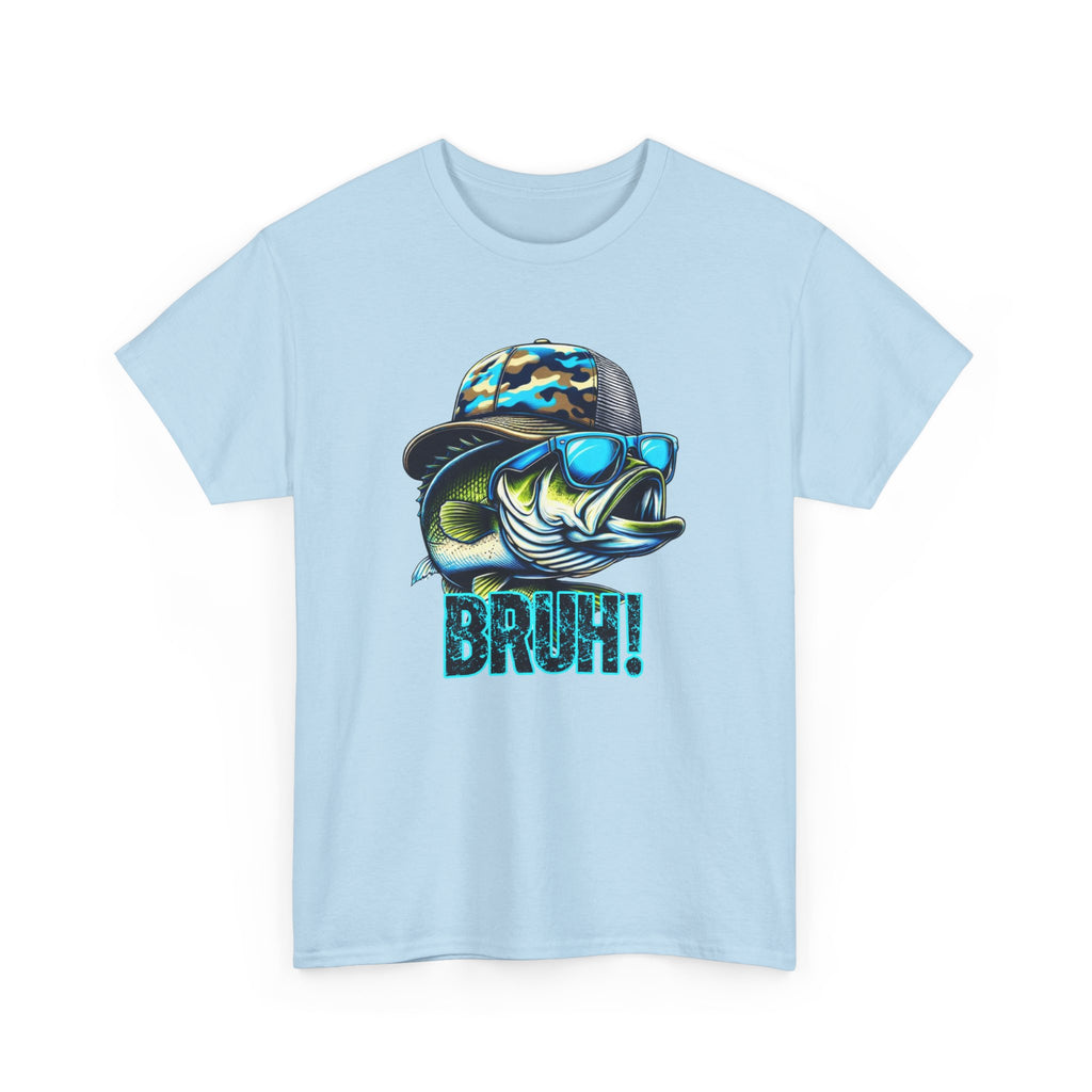 Fishing Fish Graphic Tee — 'BRUH!' Bass with Camo Hat & Sunglasses