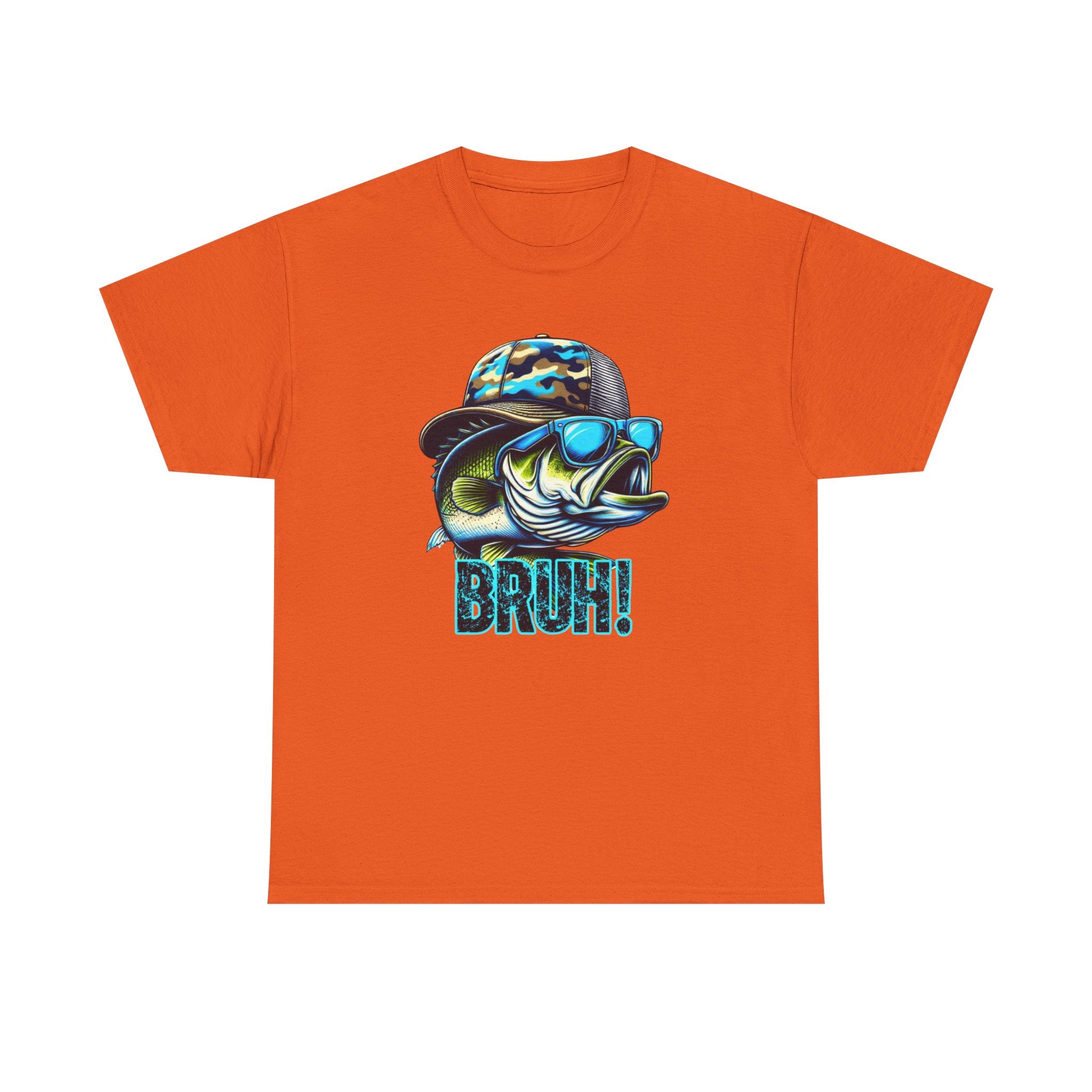 Fishing Fish Graphic Tee — 'BRUH!' Bass with Camo Hat & Sunglasses
