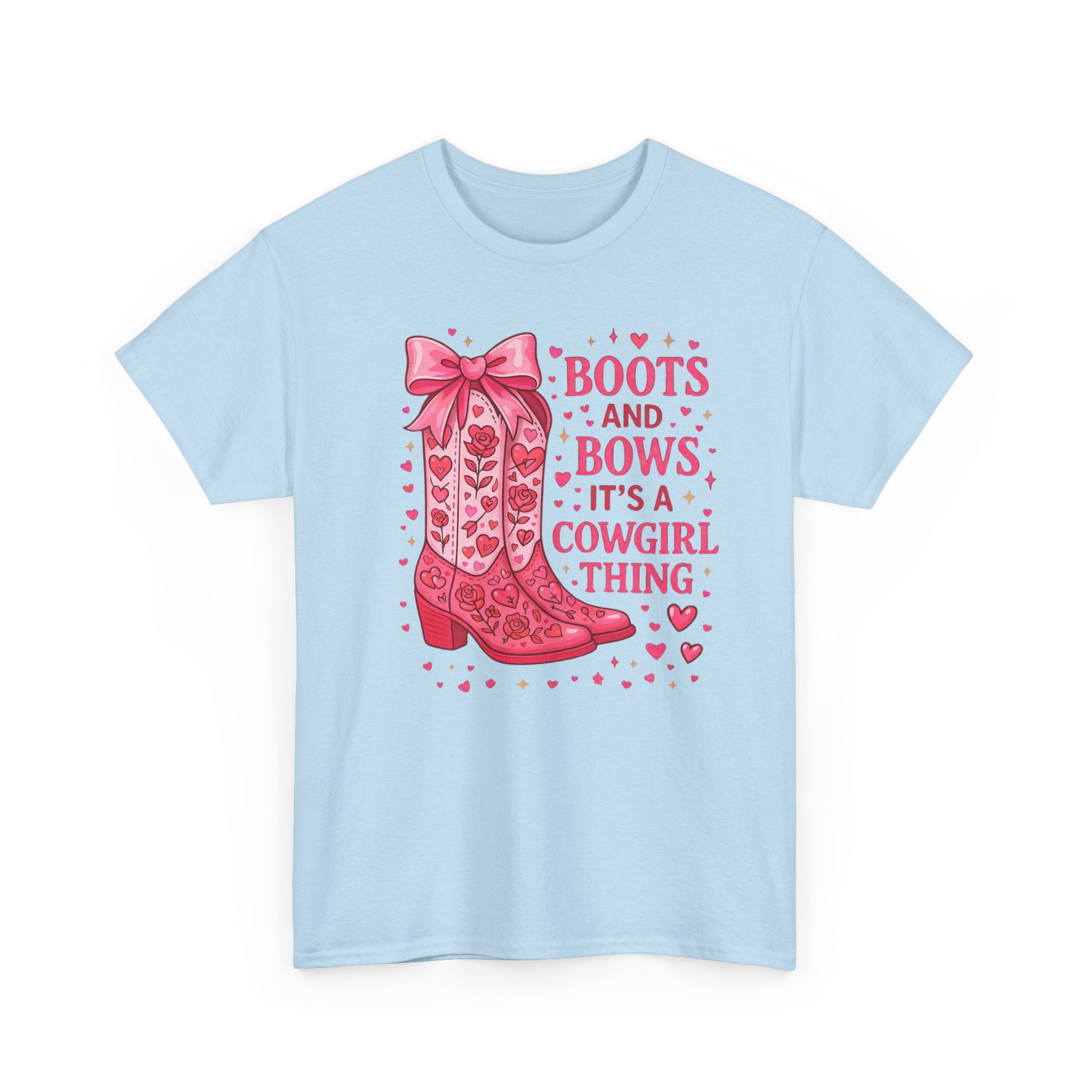 Cowgirl Boots and Bows T‑Shirt — "Boots and Bows, It's a Cowgirl Thing" Pink Western Tee  Trendy Farm