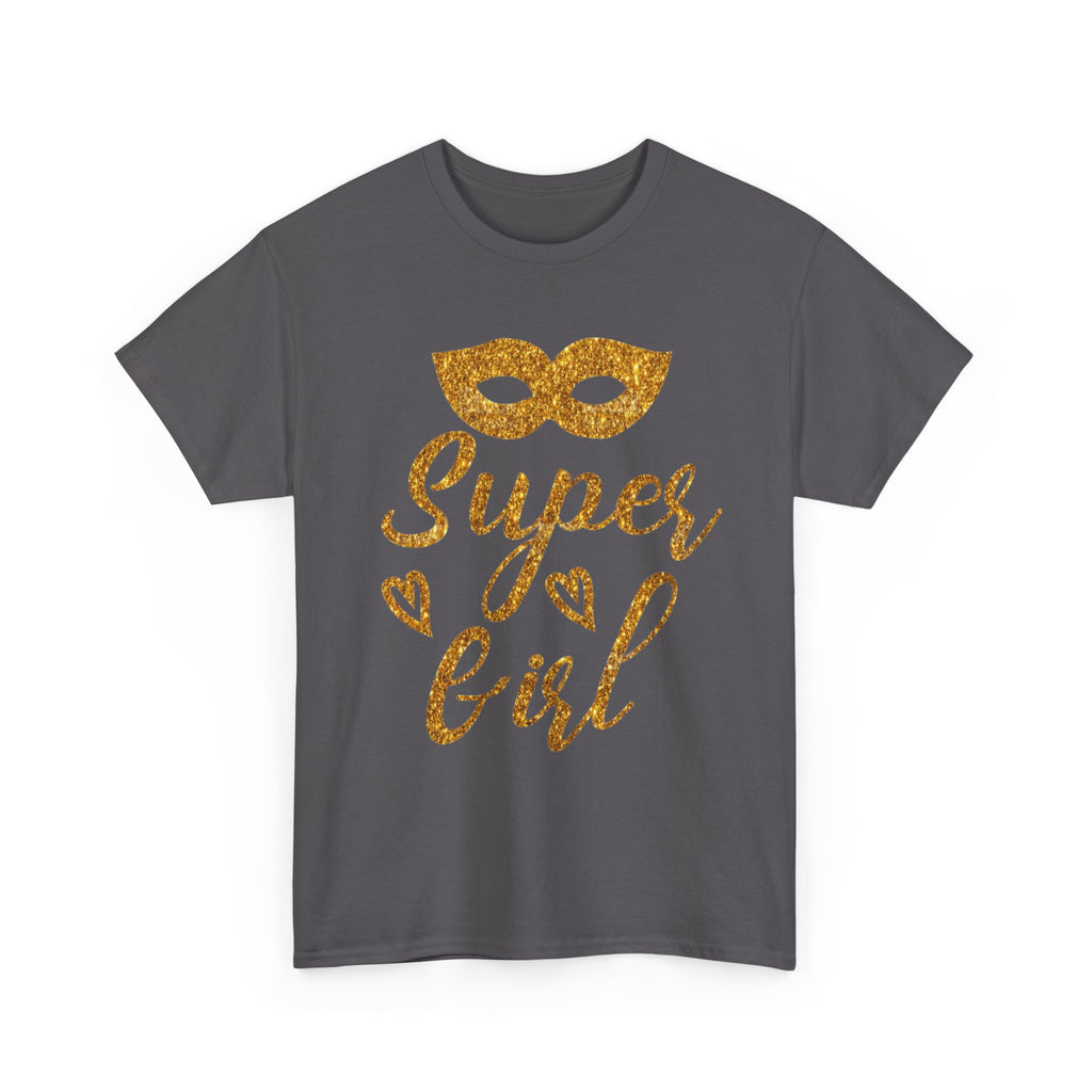 Super Girl Gold Glitter Mask T-Shirt — Strong Woman Trendy Tee