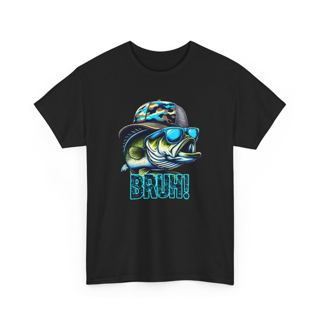 Fishing Fish Graphic Tee — 'BRUH!' Bass with Camo Hat & Sunglasses
