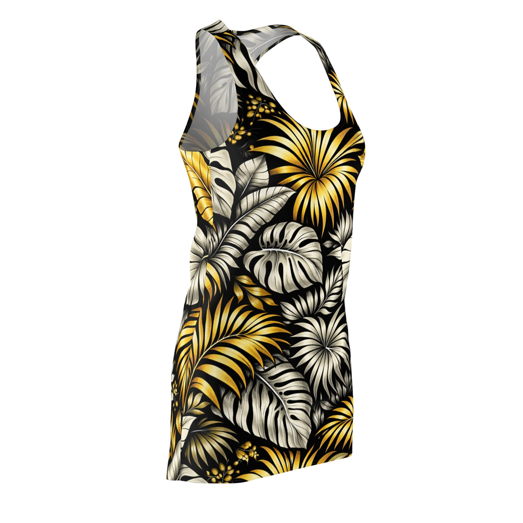 Tropical Gold Leaf Racerback Dress – Floral All-Over Print