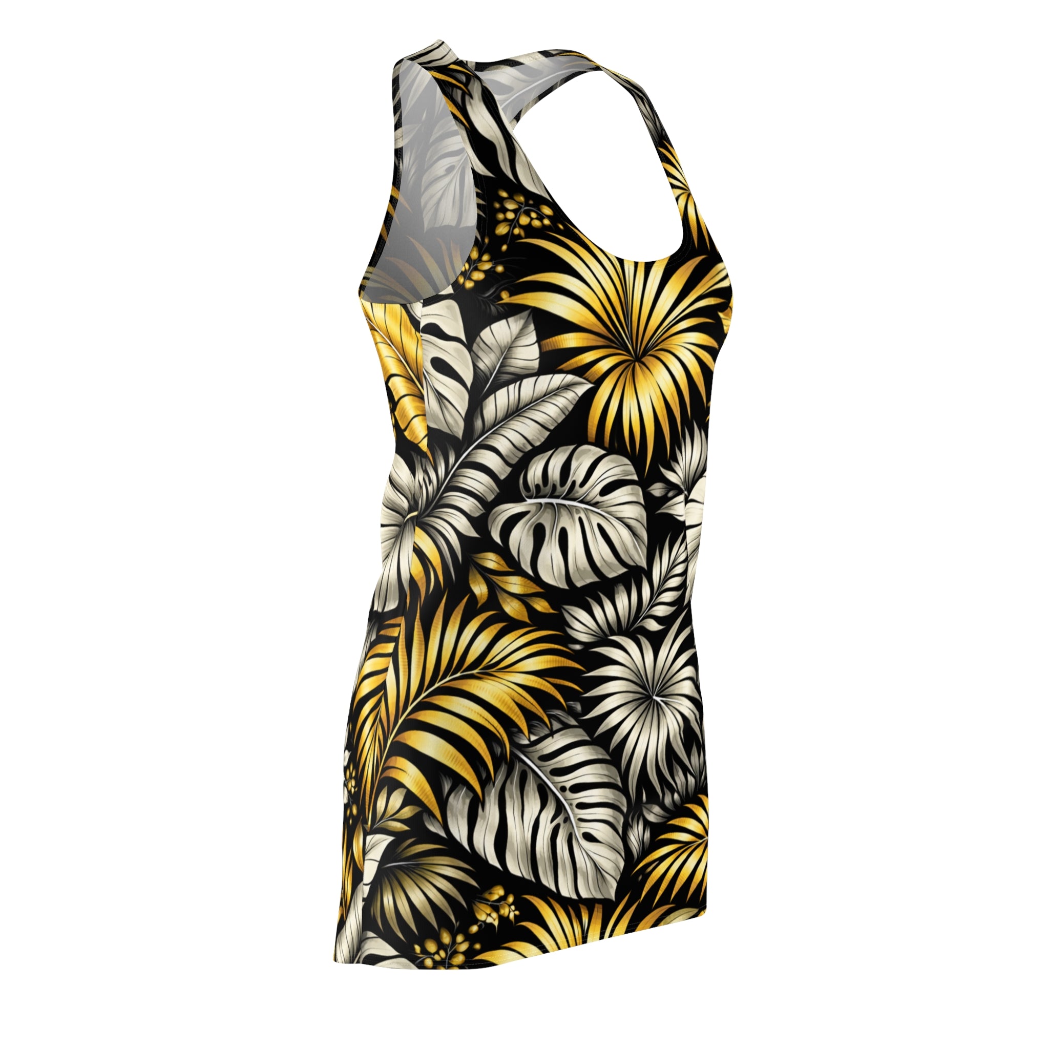 Tropical Gold Leaf Racerback Dress – Floral All-Over Print