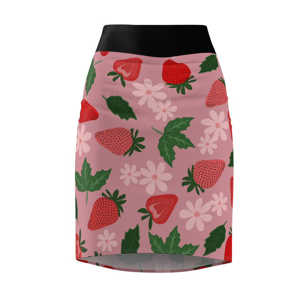 Strawberry Bloom Pencil Skirt  Pink Floral Strawberry Print