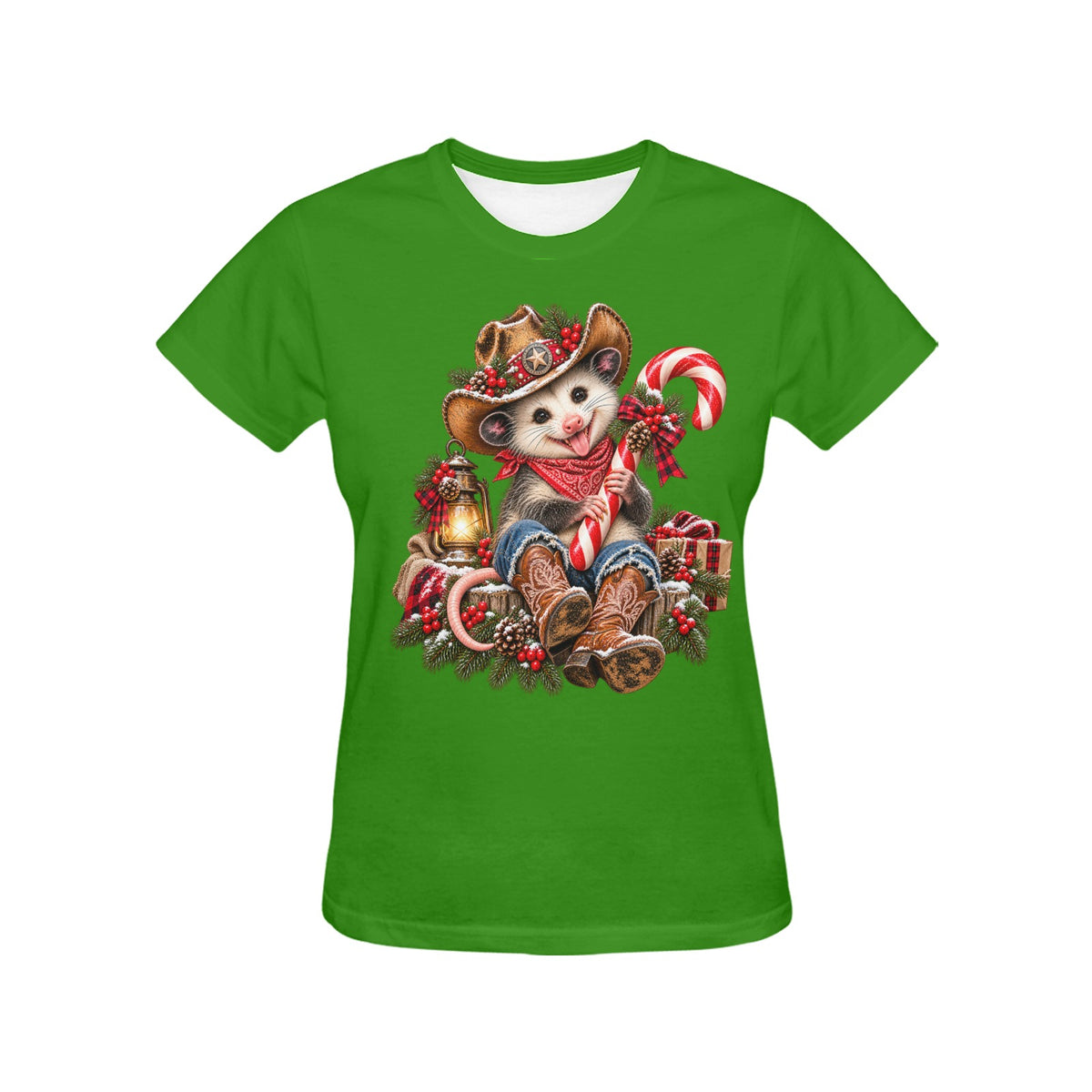 Pete the Possum Candy Cane Women’s Christmas Tee – Western Cowboy Holiday Shirt