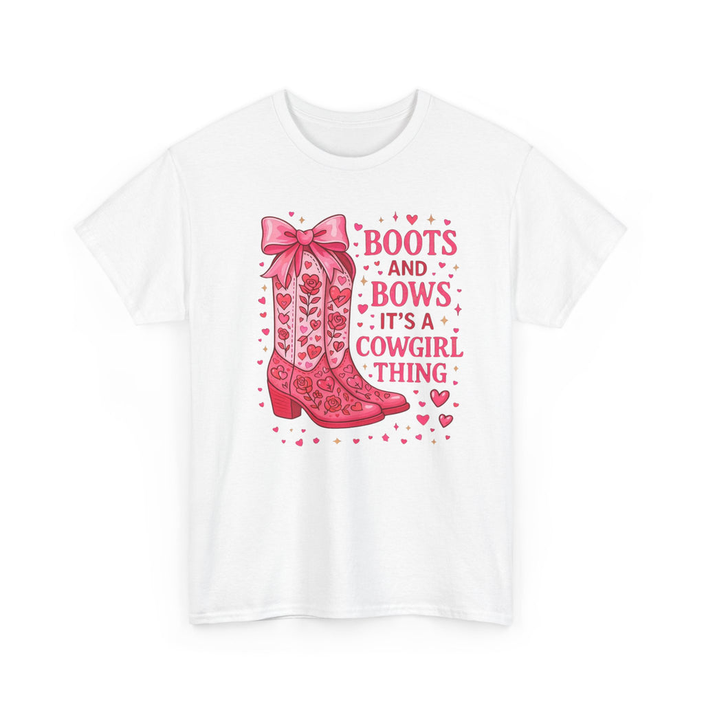 Cowgirl Boots and Bows T‑Shirt — "Boots and Bows, It's a Cowgirl Thing" Pink Western Tee  Trendy Farm