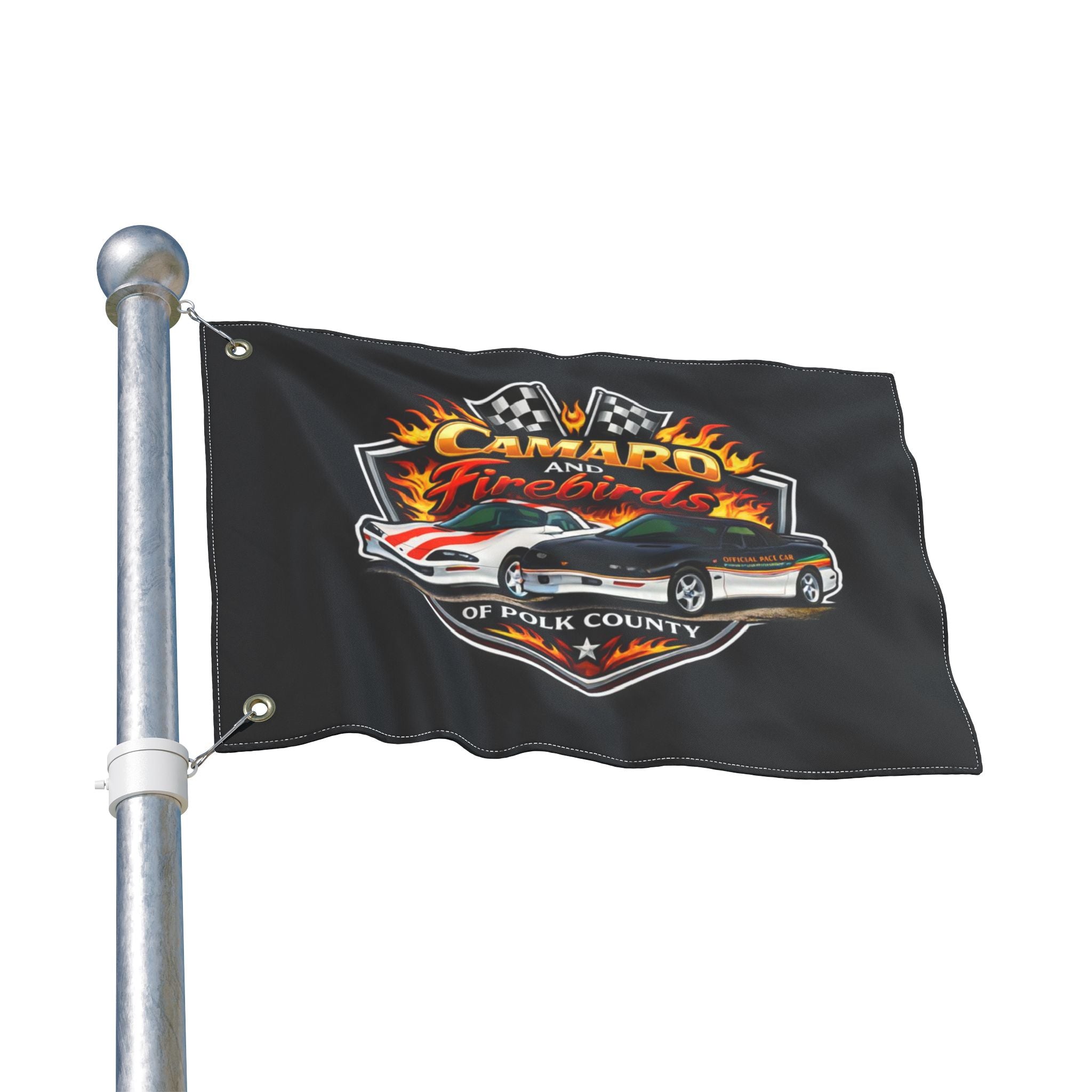Camaro & Firebirds Double-Sided Car Flag — Polk County Racing Emblem