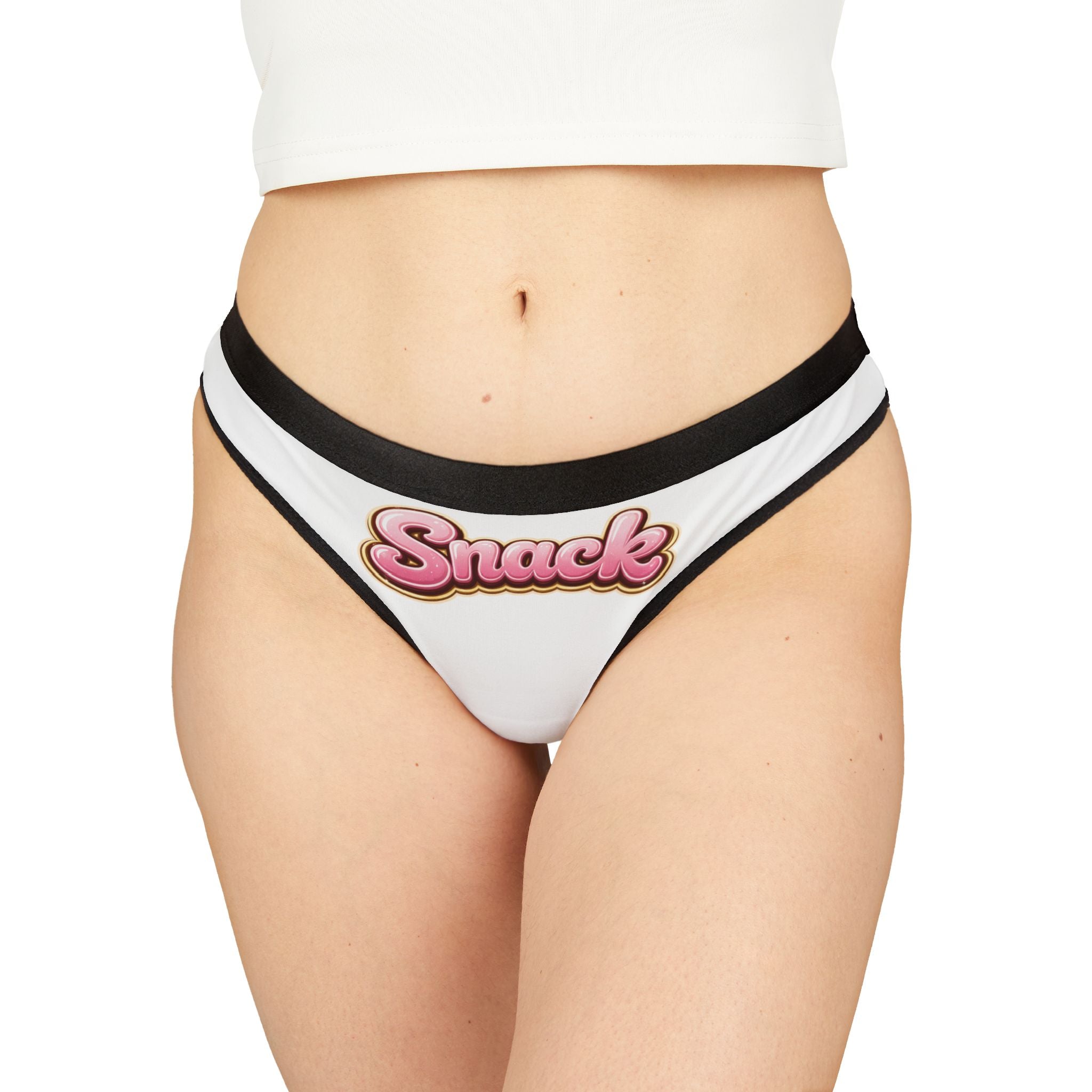 Women's Thong — "Snack" Retro Pink Script Printed Bikini Panty