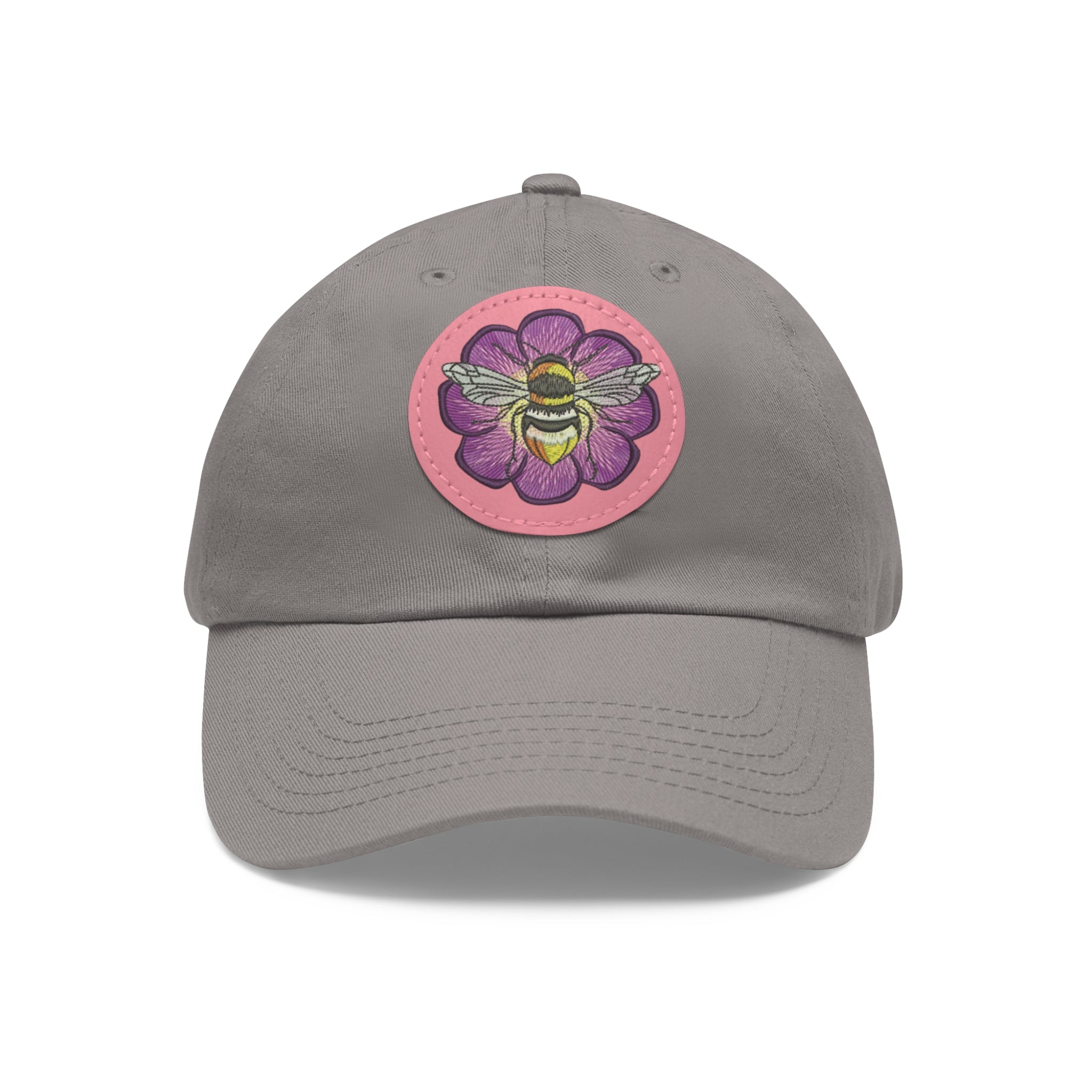 Bee on Purple Flower Leather Patch Dad Hat — Embroidered Nature Cap