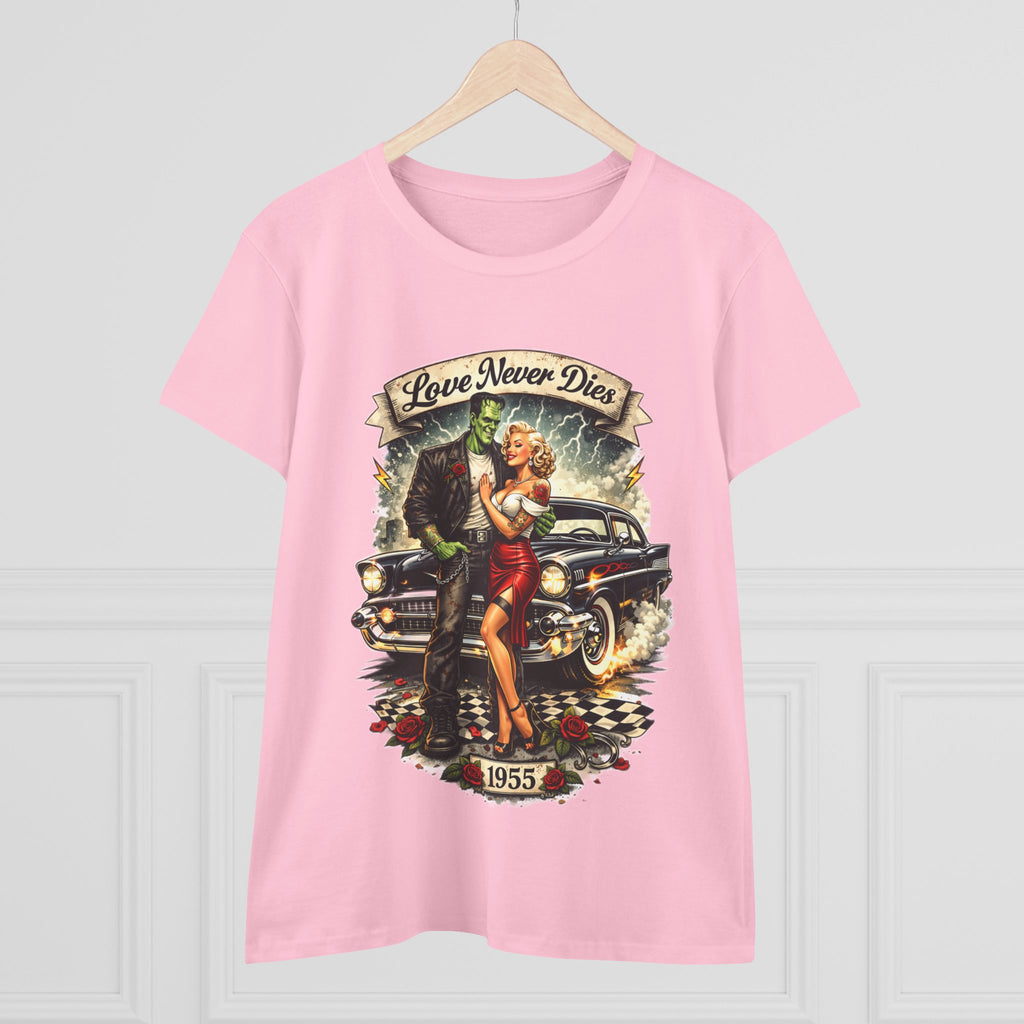 1955 Pinup Car Tee – "Love Never Dies" Vintage Rockabilly T-Shirt  LADIES