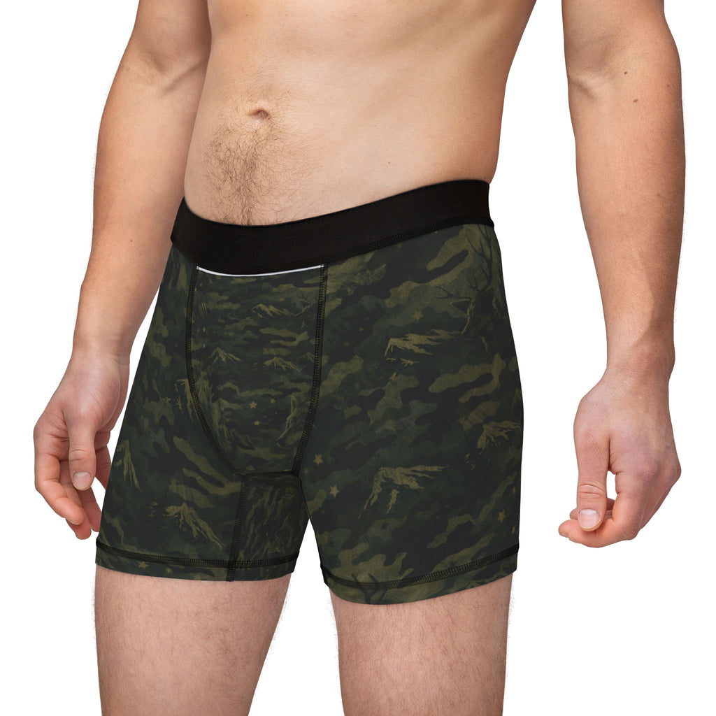 Mens Modern Woodland Camouflage Men's Boxer Shorts — Olive Camo All-Over Print