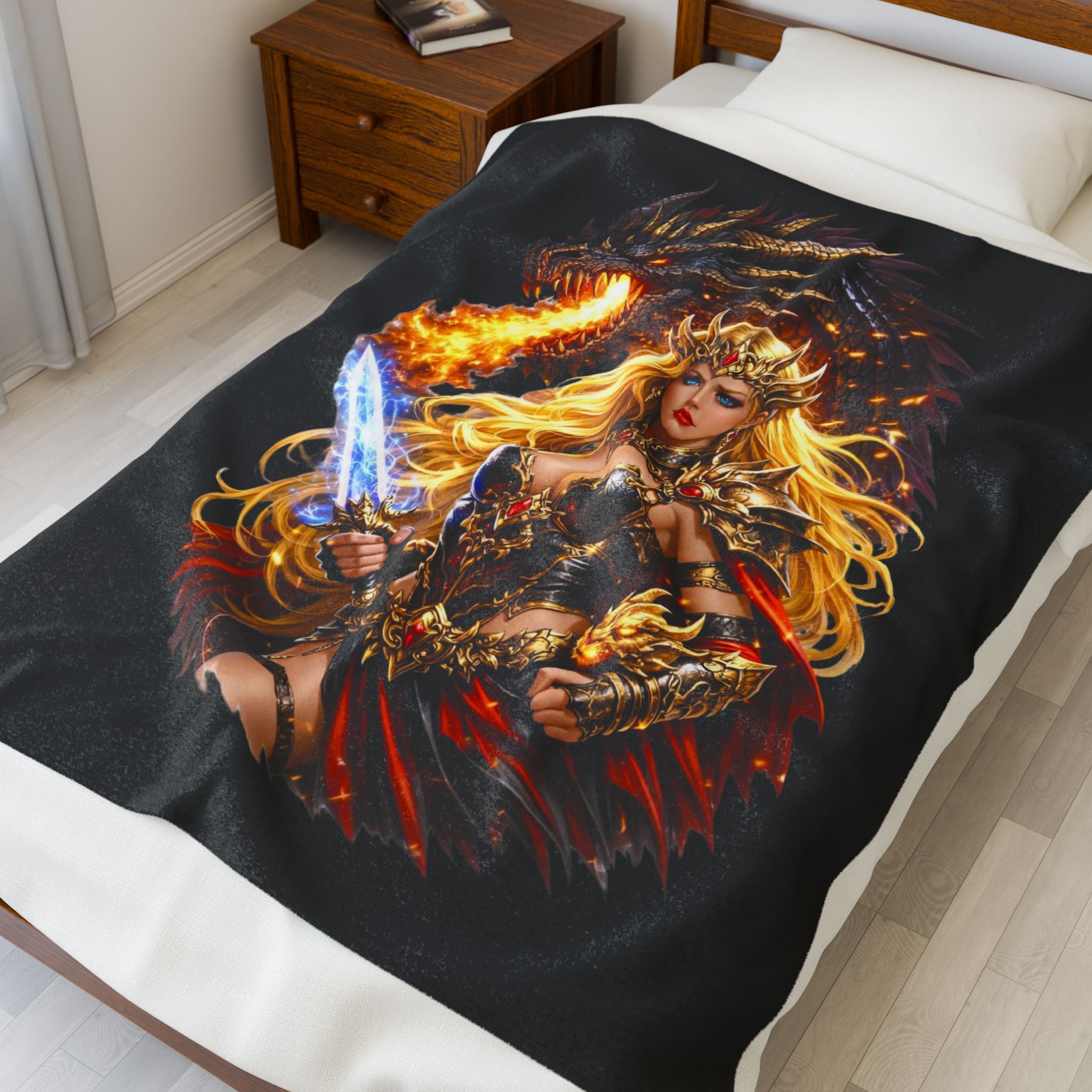 Dragon Warrior Velveteen Plush Blanket — Fantasy Dragon Knight Throw