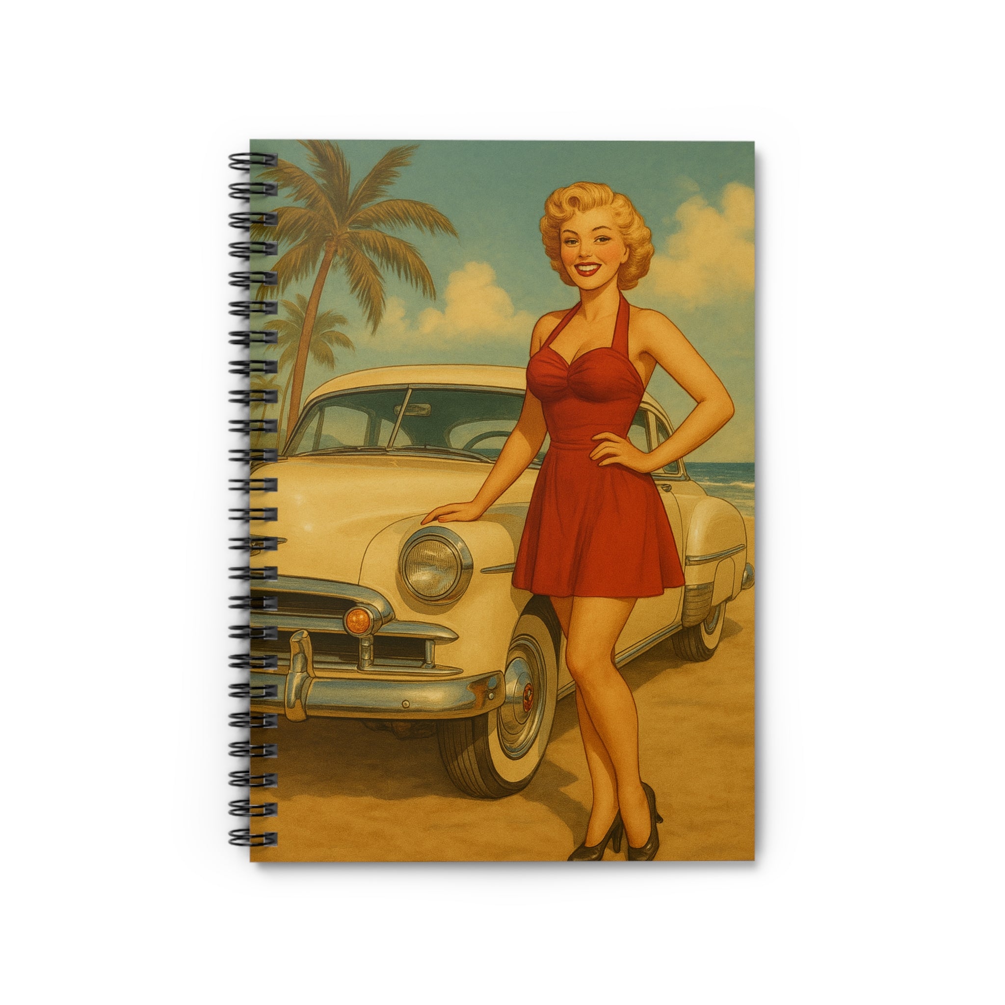Retro Glamour Spiral Notebook, Vintage Pin-Up Journal, Unique Gift for Her, Stylish Stationery for Notes, Beach Vibes, Retro Decor