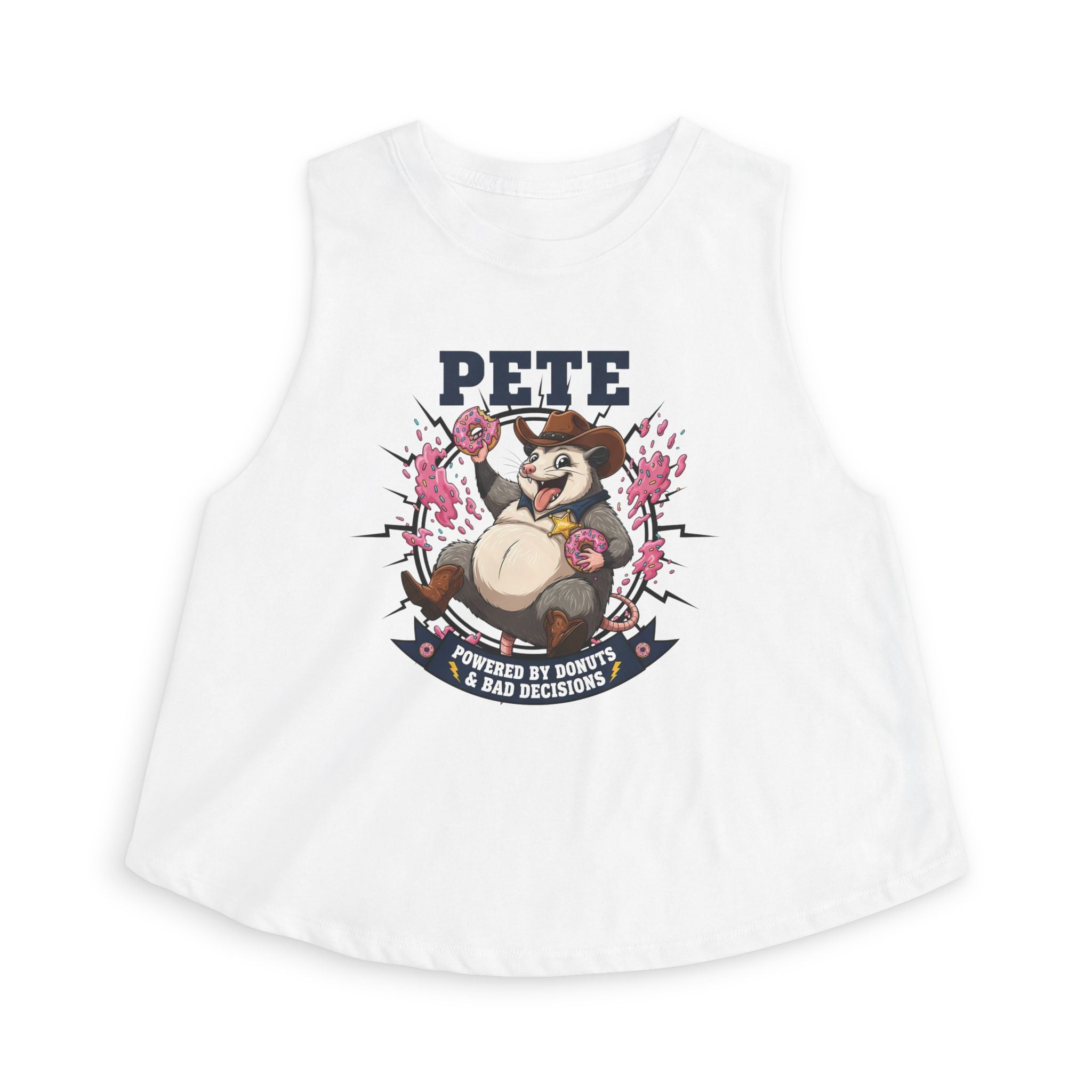 Pete Donut-Loving Raccoon Crop Top — "Powered by Donuts & Bad Decisions"