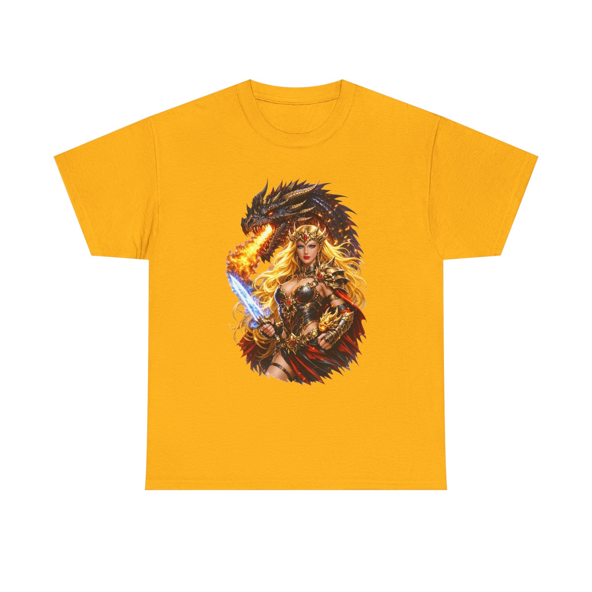 Fantasy Warrior  Fire born Goddess T-Shirt — Dragon & Sword Valkyrie Graphic Tee