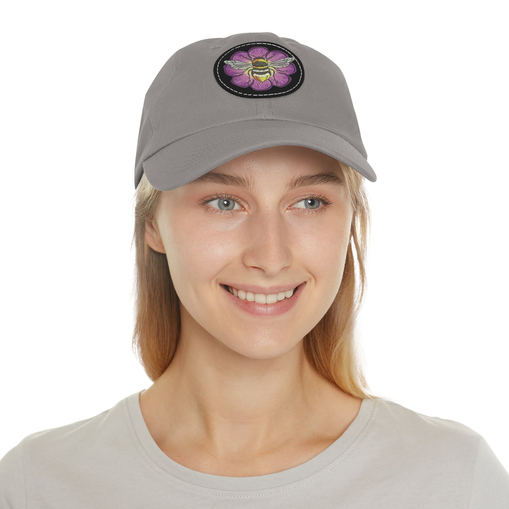Bee on Purple Flower Leather Patch Dad Hat — Embroidered Nature Cap