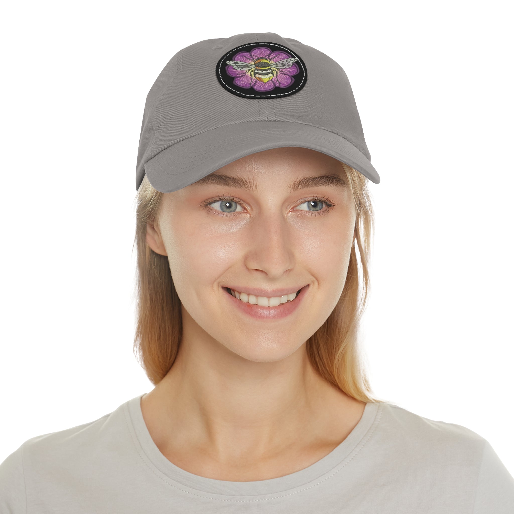 Bee on Purple Flower Leather Patch Dad Hat — Embroidered Nature Cap