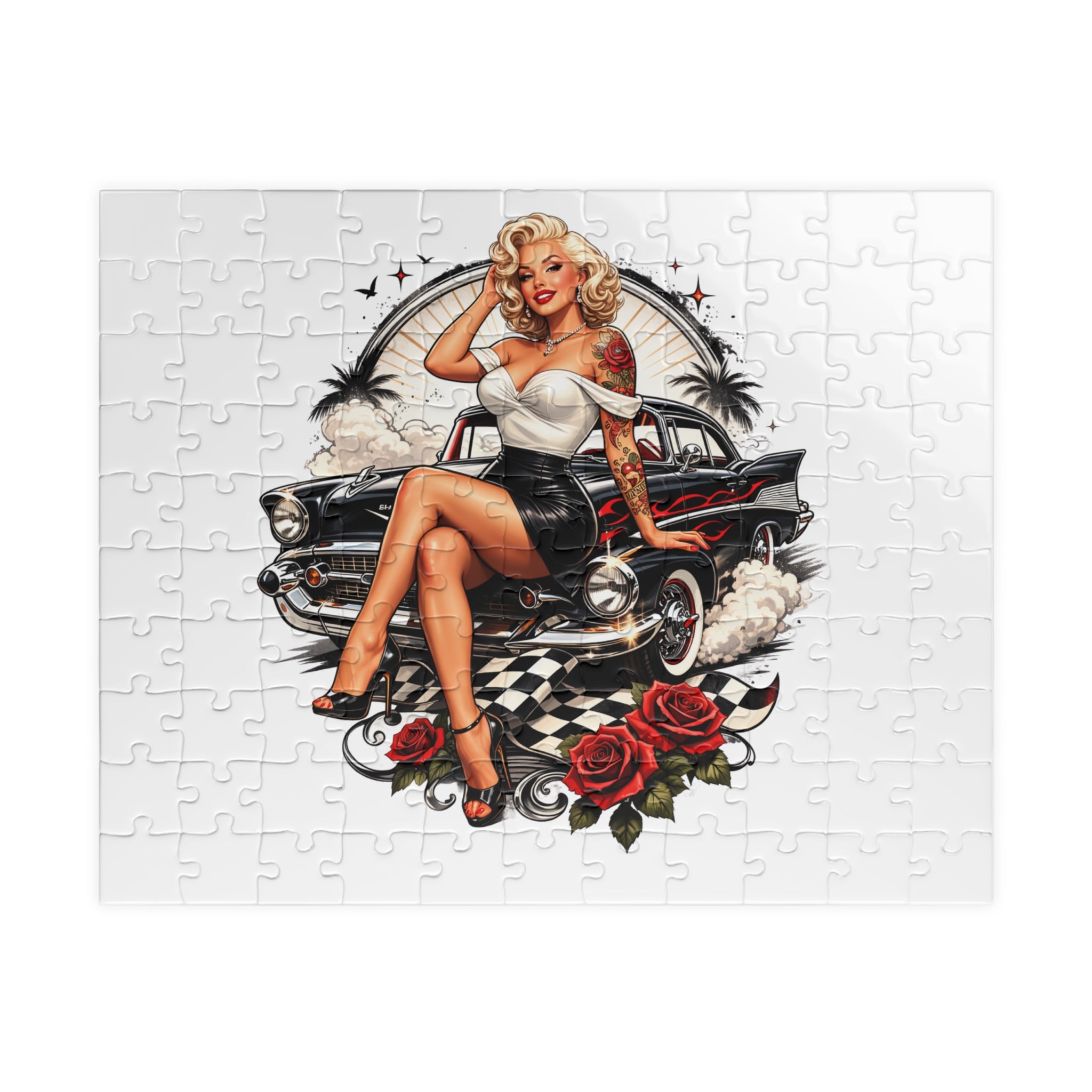 Pin-Up Classic Car Puzzle — Retro 1950s Pinup Girl Jigsaw (110–1014 pcs)