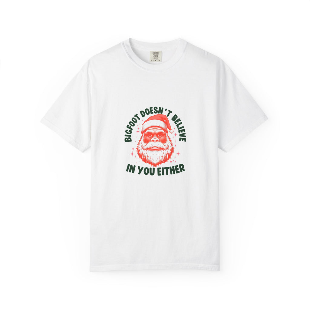 Bigfoot Holiday Humor T-shirt | Unisex Garment-Dyed Tee | Funny Christmas, Lovers, Quirky Apparel, Santa Sasquatch