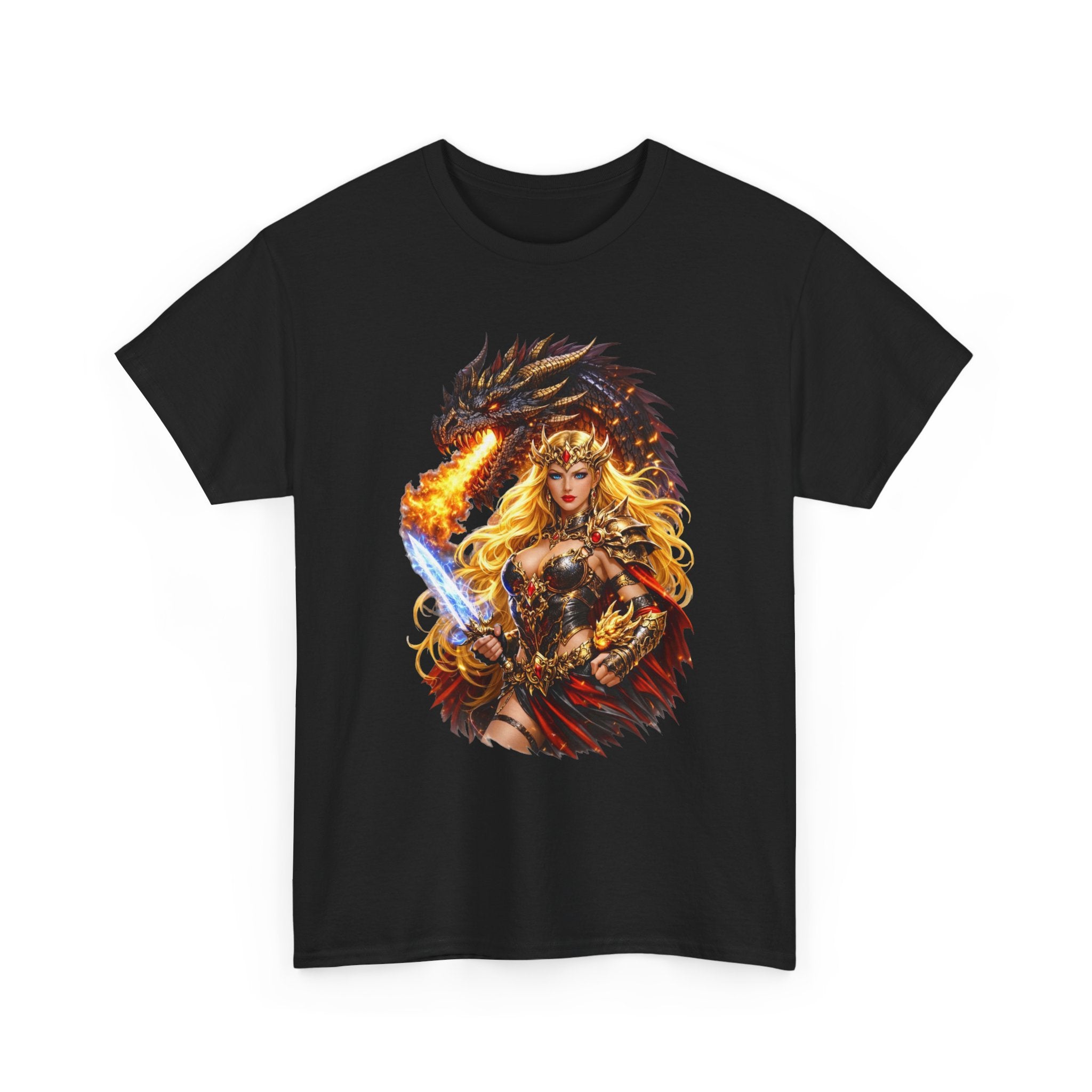 Fantasy Warrior  Fire born Goddess T-Shirt — Dragon & Sword Valkyrie Graphic Tee