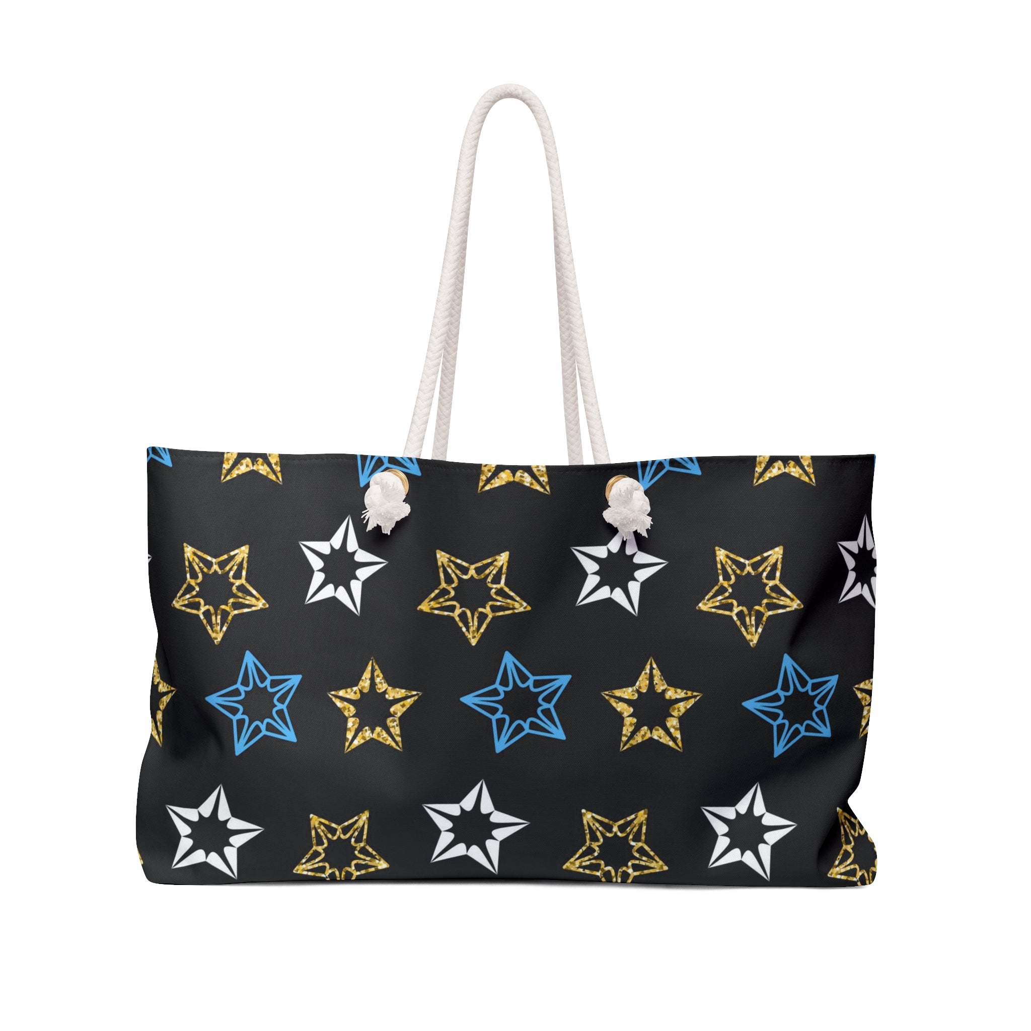 Star Pattern Weekender Bag — Black Gold & Blue Travel Tote