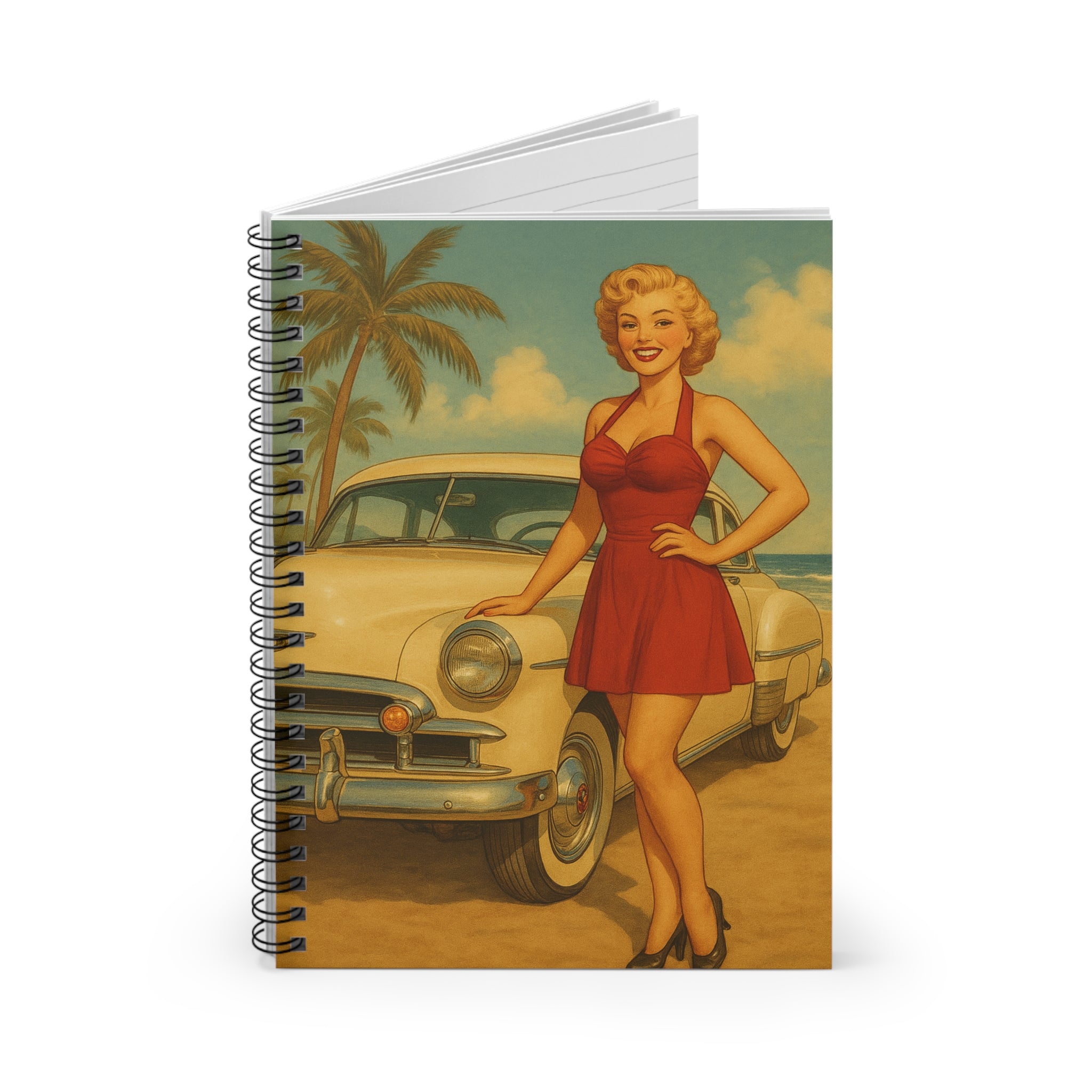 Retro Glamour Spiral Notebook, Vintage Pin-Up Journal, Unique Gift for Her, Stylish Stationery for Notes, Beach Vibes, Retro Decor