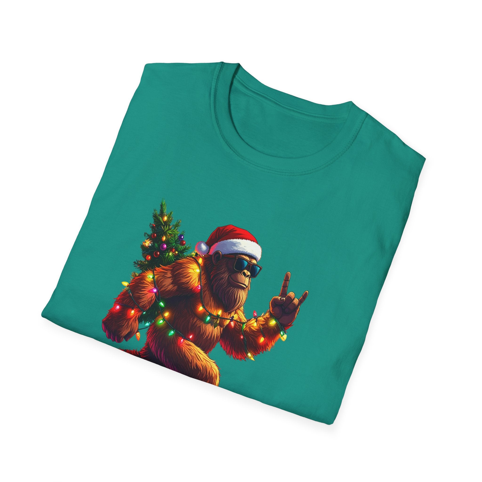 Christmas Sasquatch T-Shirt Festive Bigfoot with Santa Hat & Tree     Trendy TShirt