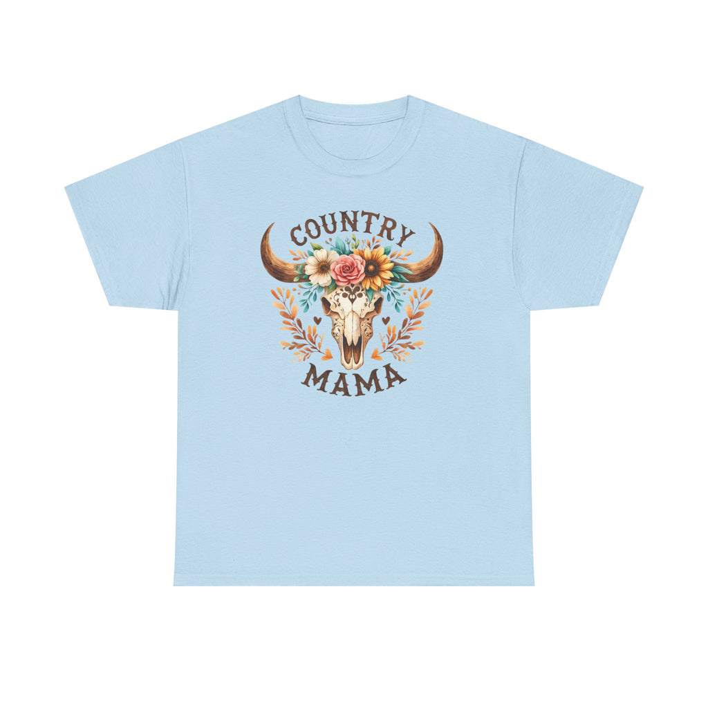 Country Mama T‑Shirt — Floral Steer Skull Design for Moms (Mother's Day, Farm Life)