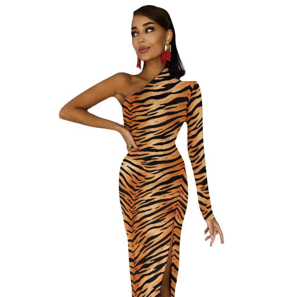After Dark Tiger Midi Dress  One-Shoulder Slit Dress
