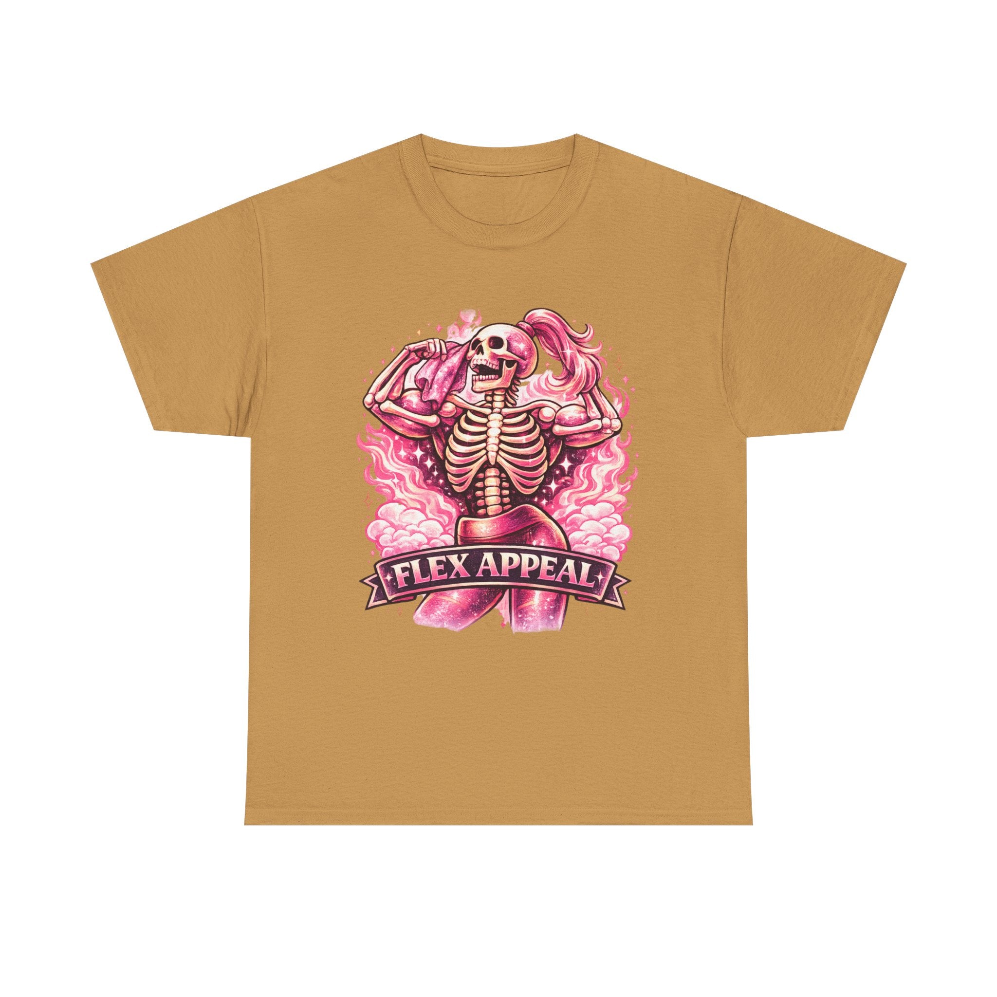 Flex Appeal Skeleton Tee — Pink Retro Gym Humor T‑Shirt