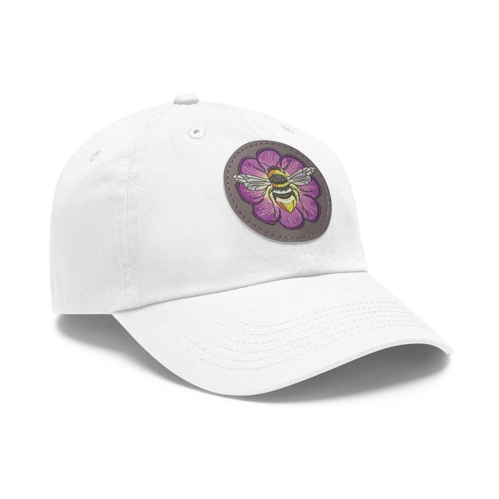 Bee on Purple Flower Leather Patch Dad Hat — Embroidered Nature Cap