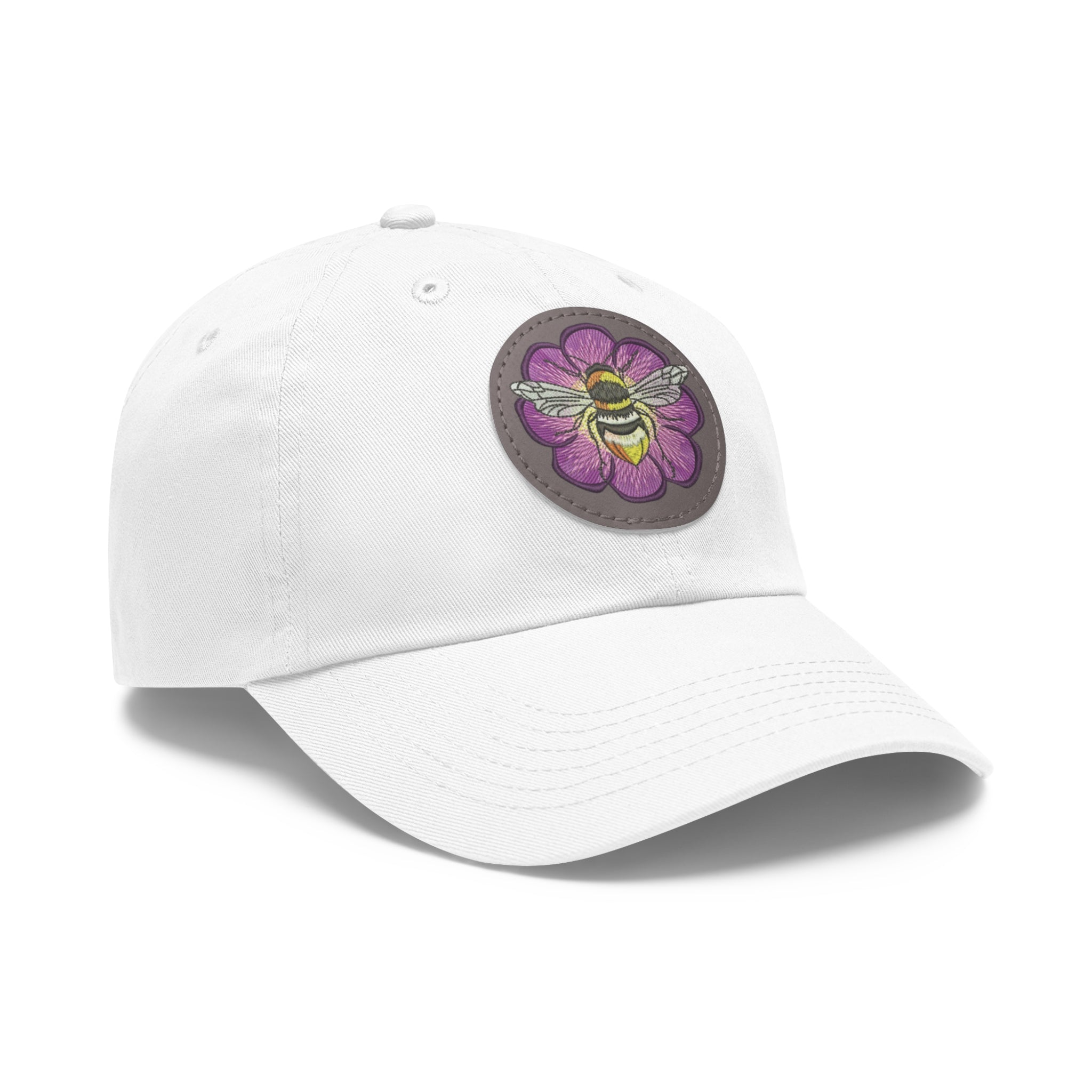 Bee on Purple Flower Leather Patch Dad Hat — Embroidered Nature Cap