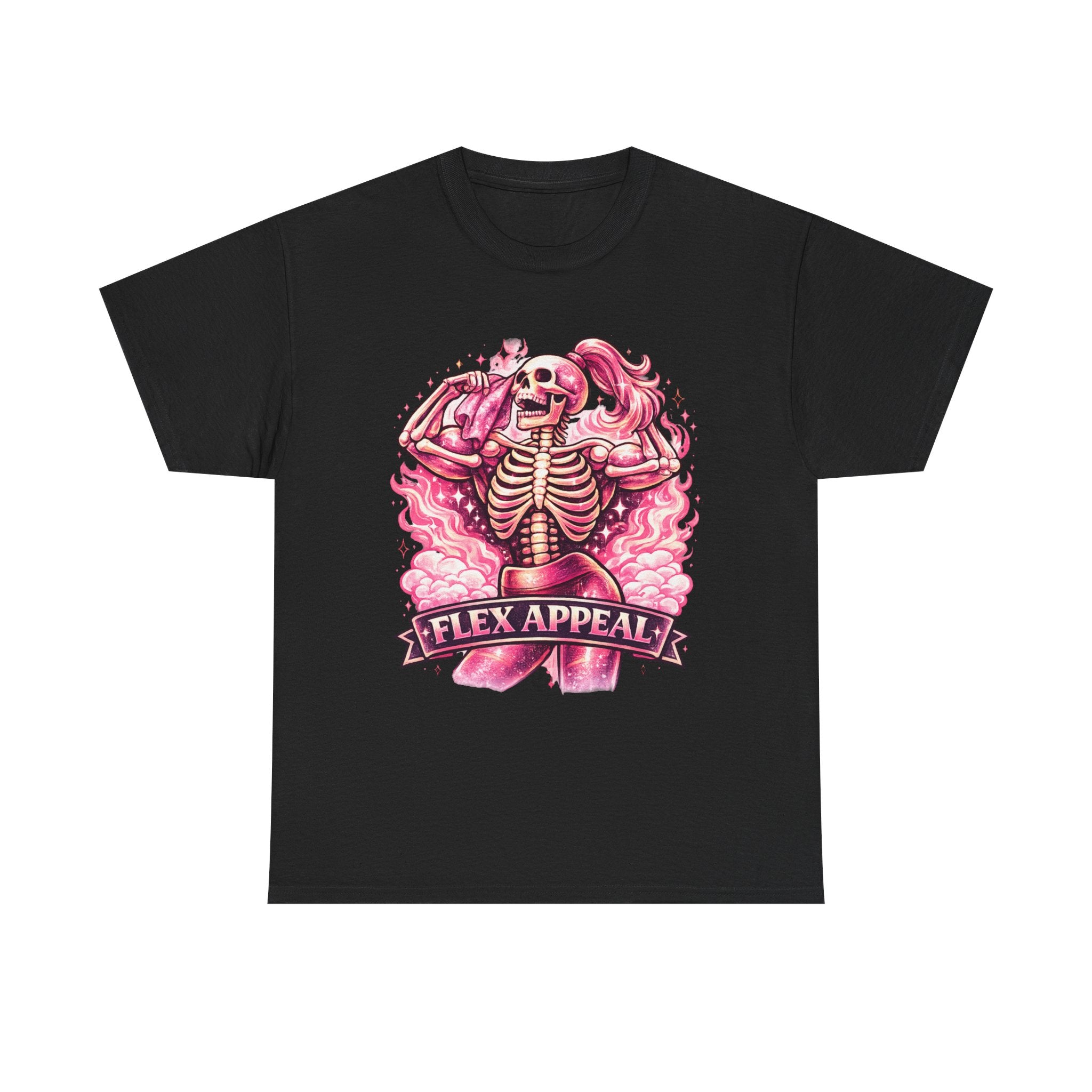 Flex Appeal Skeleton Tee — Pink Retro Gym Humor T‑Shirt