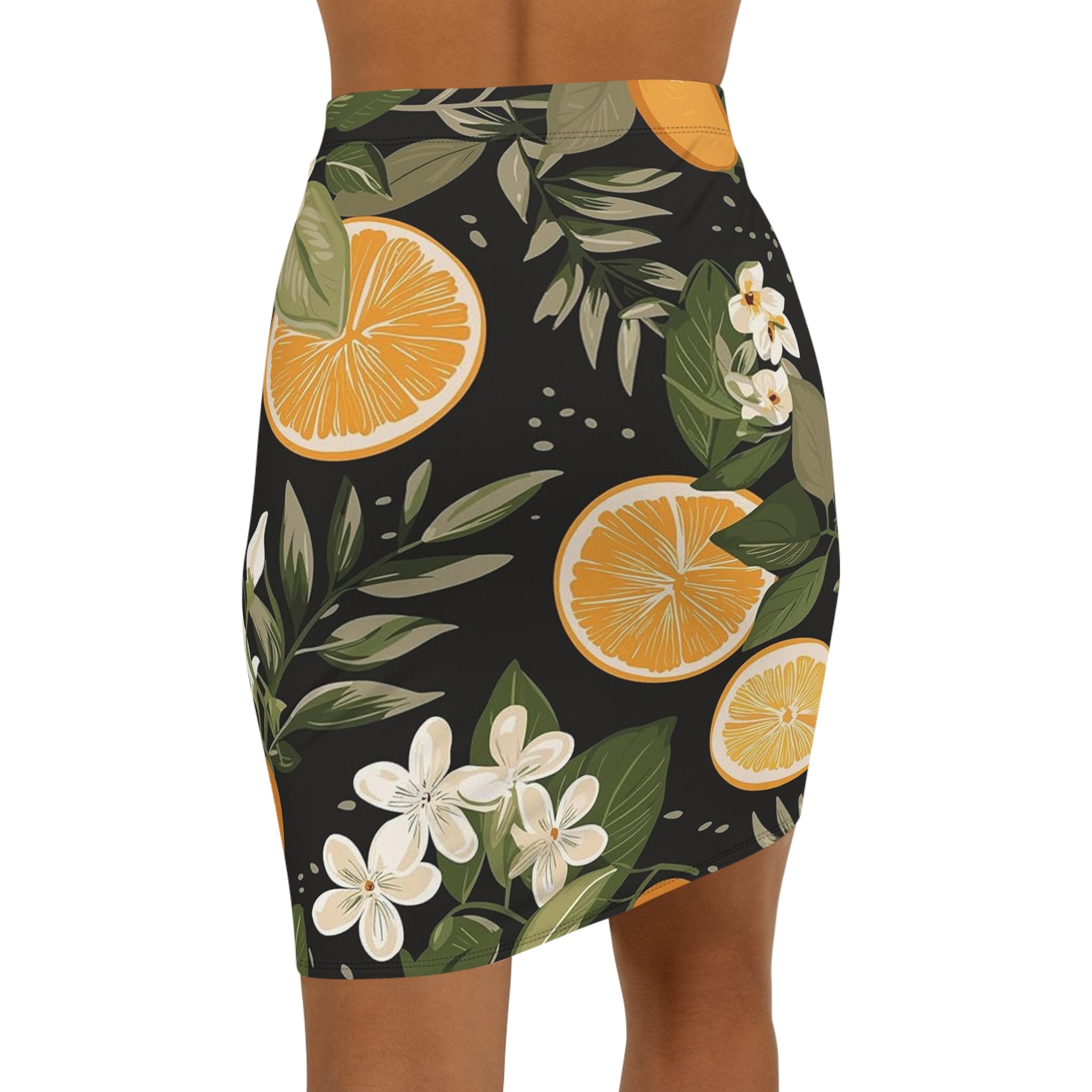 Citrus Blossom Pencil Skirt — Black Orange Floral Mid‑Waist Skirt