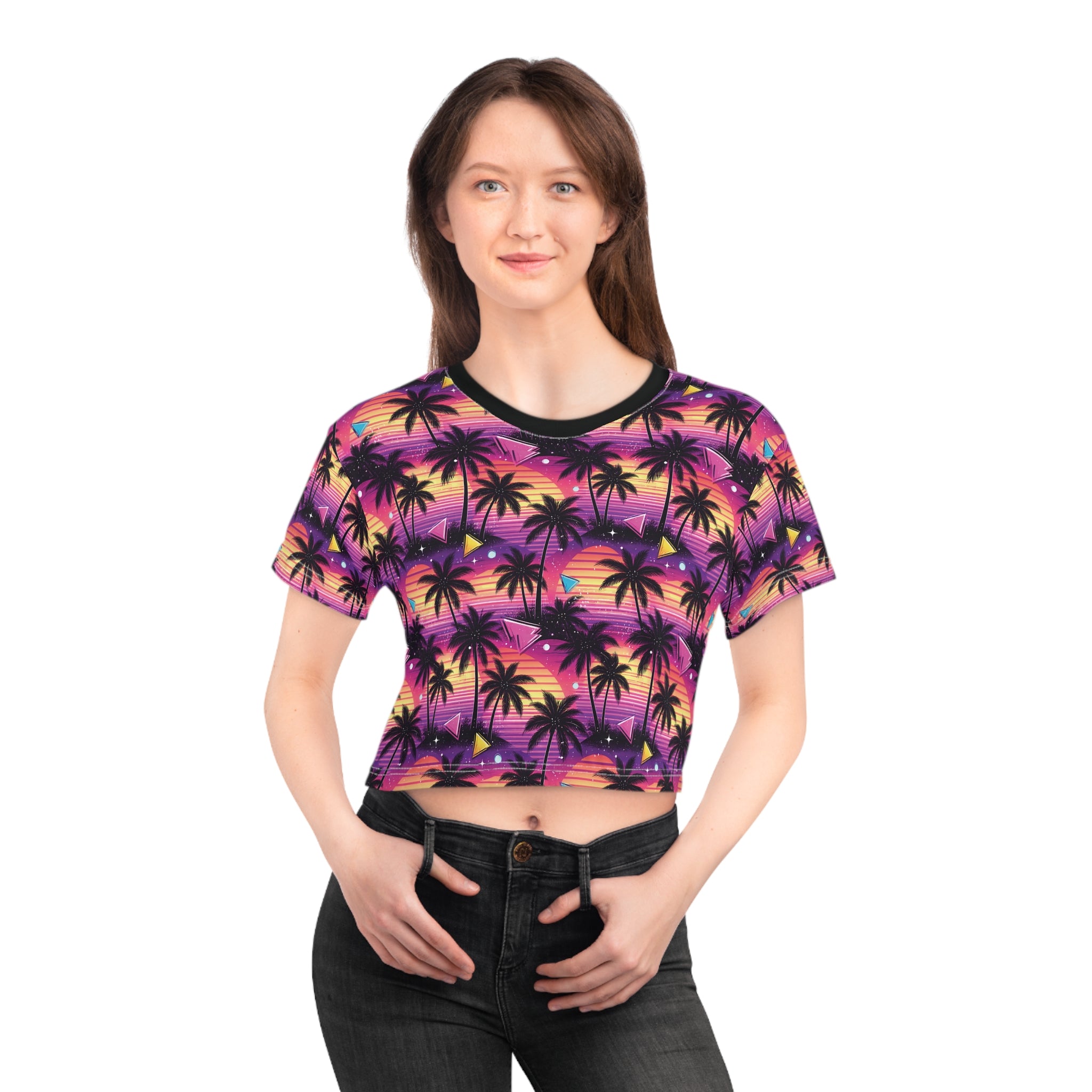 Tropical Sunset Palm Crop Tee — Retro Beach Palm Tree All-Over Print