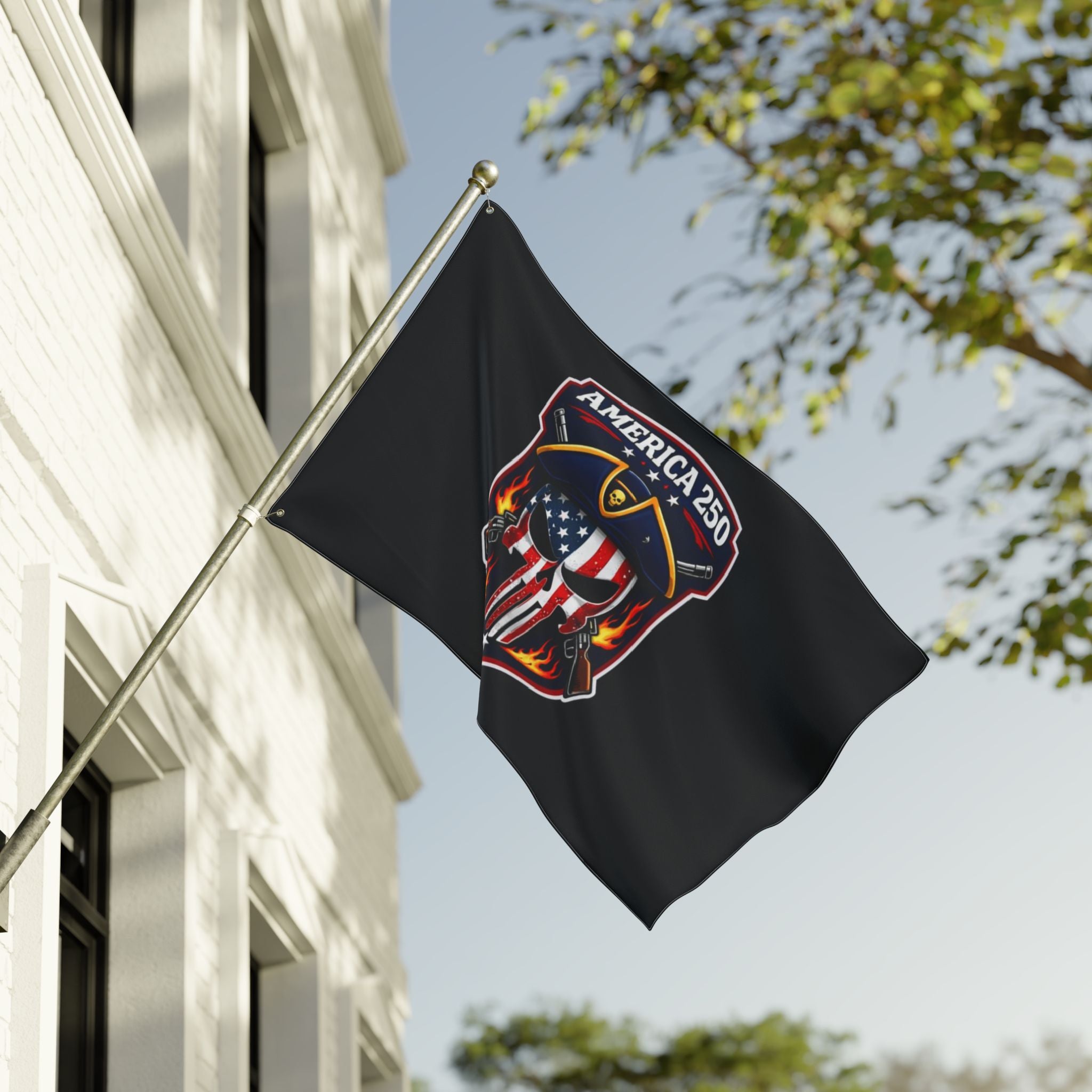 America 250 Skull Shield Flag - Double-Sided Patriotic Banner