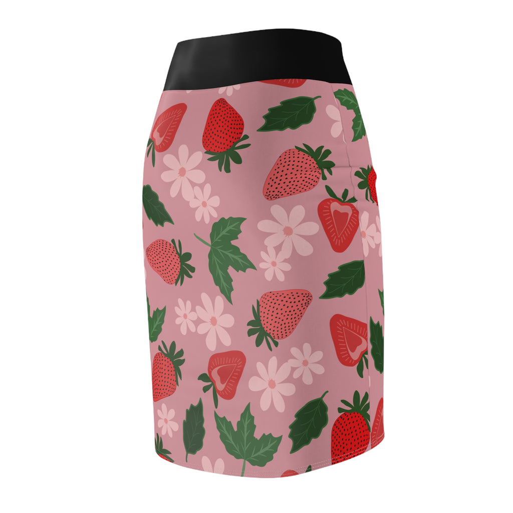 Strawberry Bloom Pencil Skirt  Pink Floral Strawberry Print