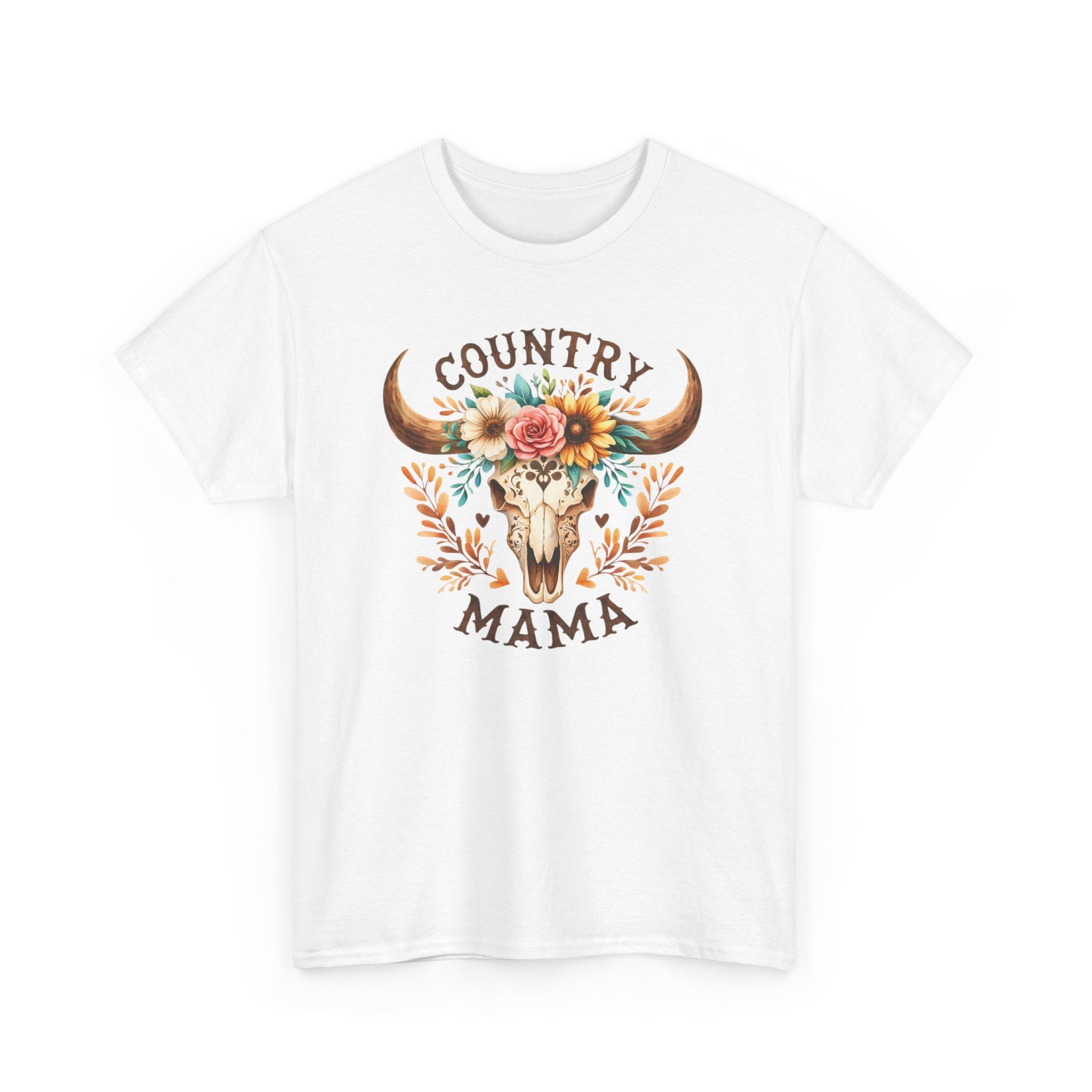Country Mama T‑Shirt — Floral Steer Skull Design for Moms (Mother's Day, Farm Life)