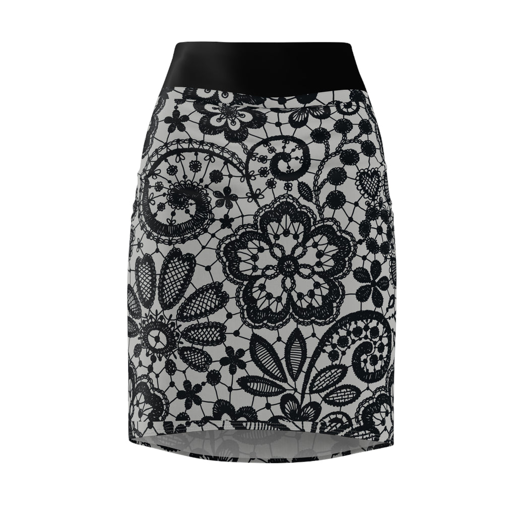 Lace Pattern Pencil Skirt — Elegant Black & White Floral Lace Print