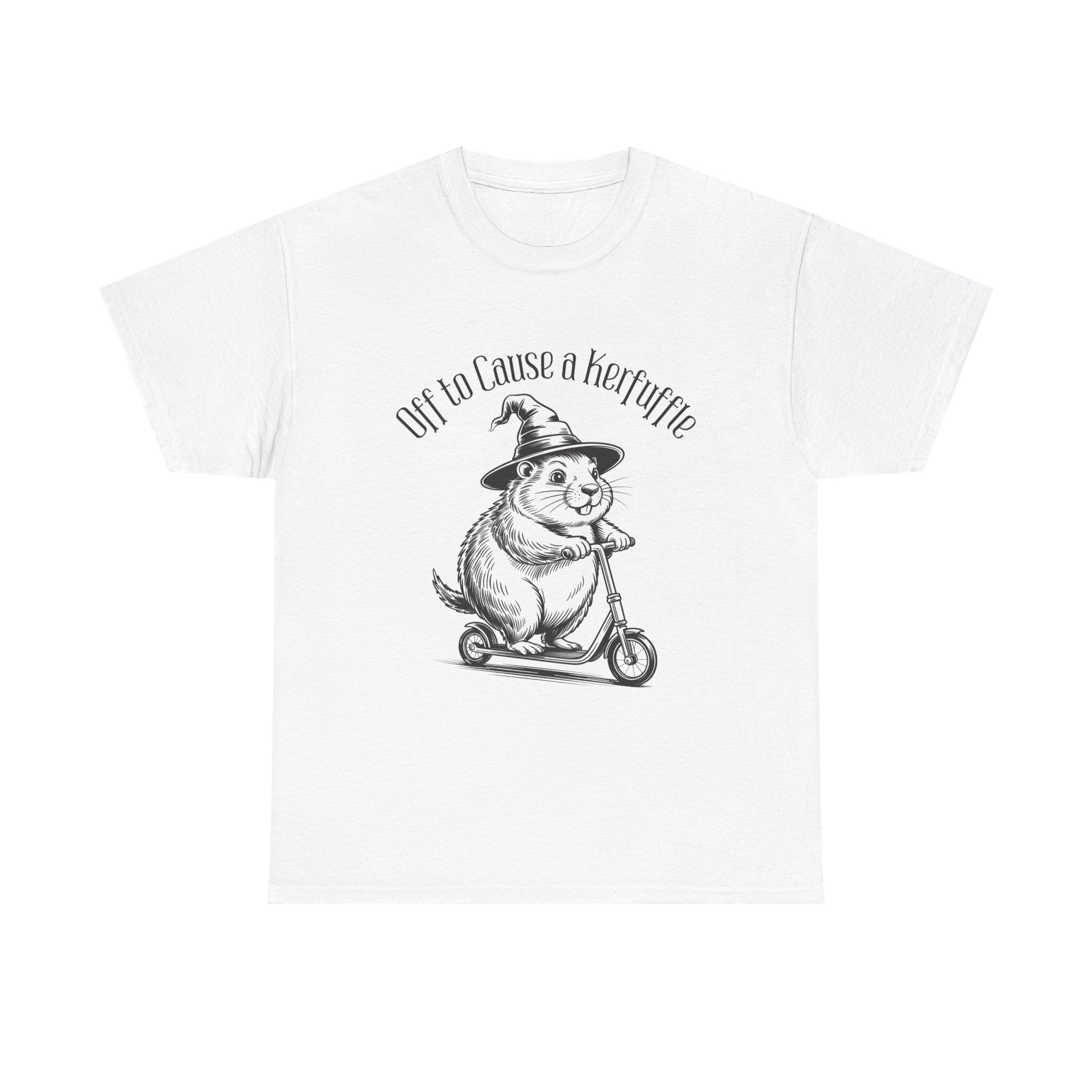 Groundhog Witch Scooter Tee — "Off to Cause a Kerfuffle" Graphic Shirt