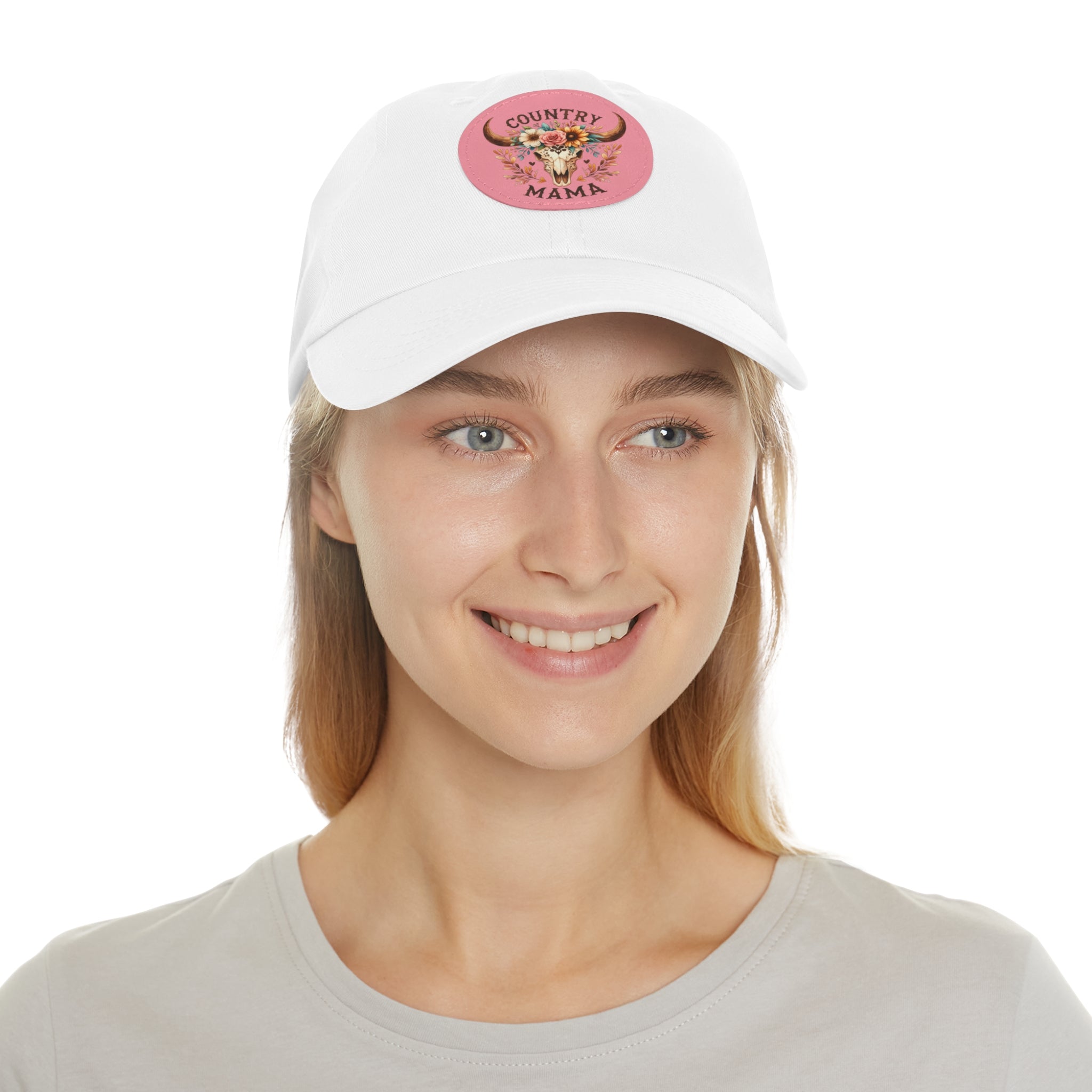 Country Mama Leather Patch Dad Hat — Floral Bull Skull Cap