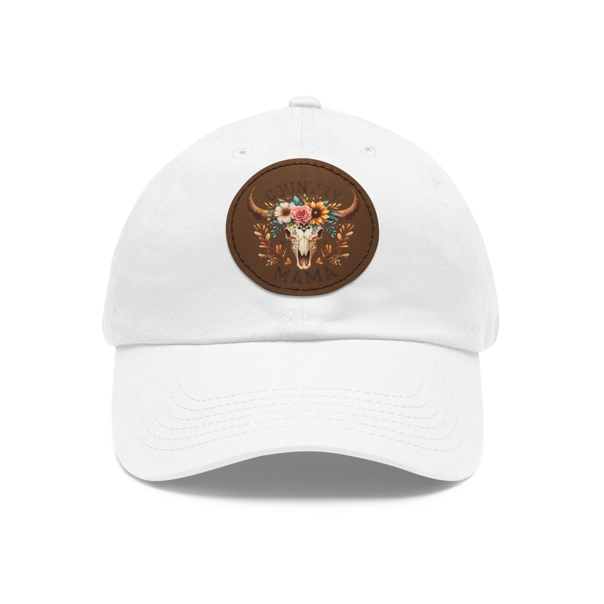 Country Mama Leather Patch Dad Hat — Floral Bull Skull Cap