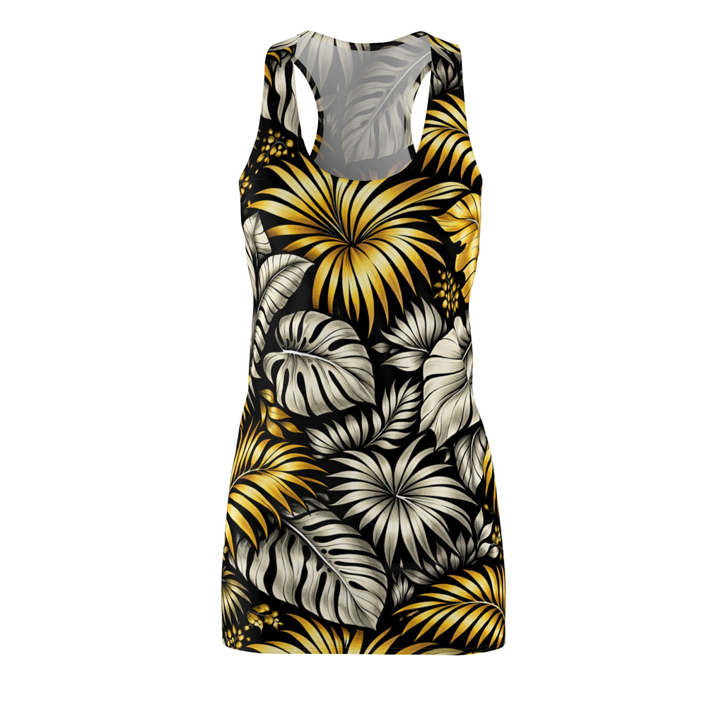 Tropical Gold Leaf Racerback Dress – Floral All-Over Print