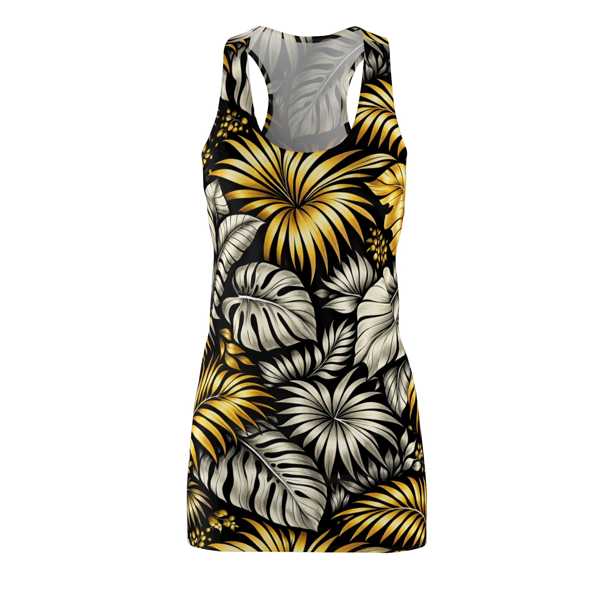 Tropical Gold Leaf Racerback Dress – Floral All-Over Print