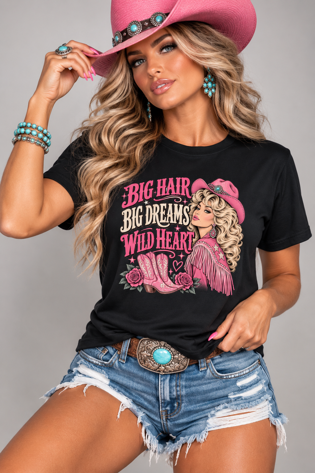 Big Hair Big Dreams Wild Heart Cowgirl Tee  Vintage Western  Pink Country Graphic