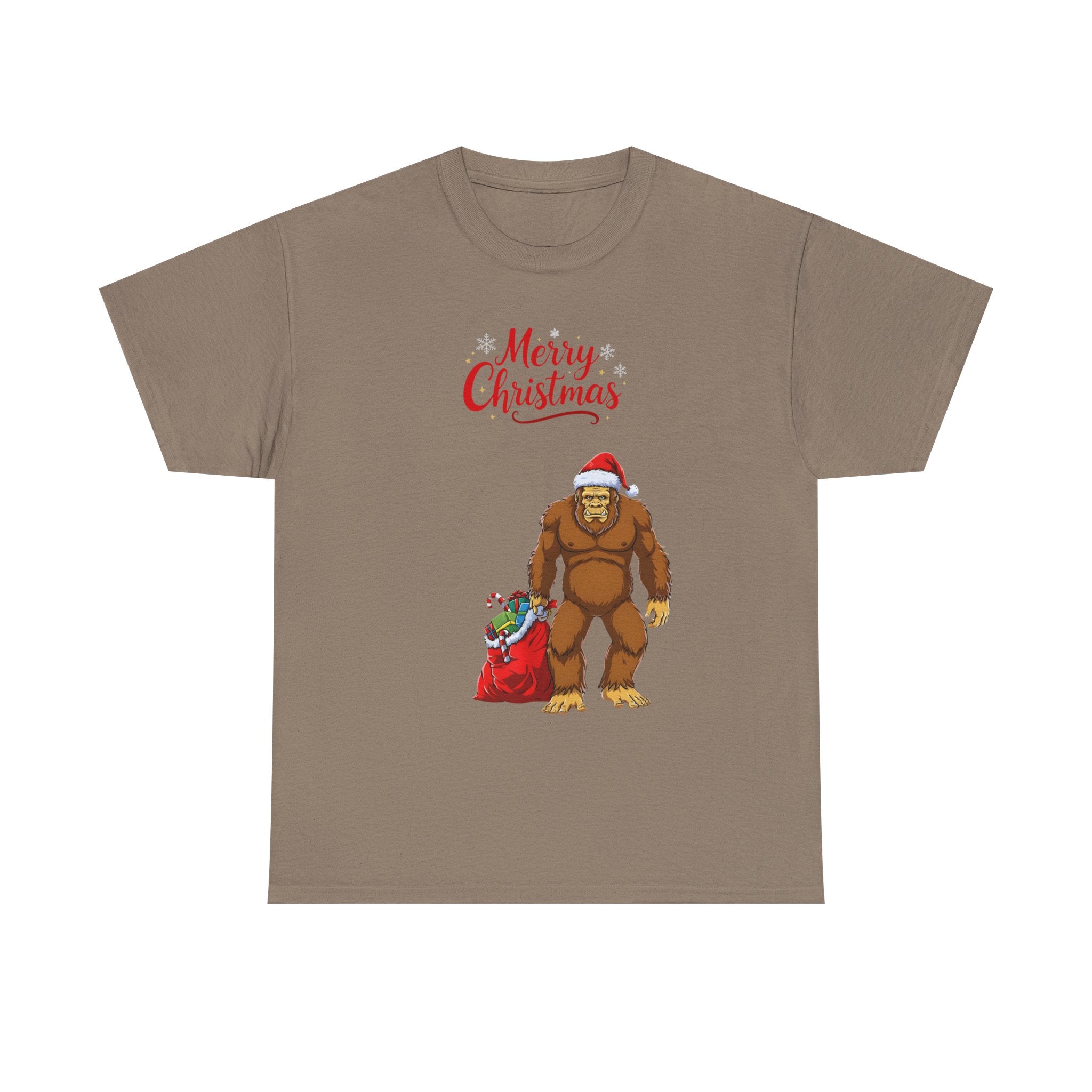 Christmas Sasquatch T-Shirt — "Merry Christmas" Bigfoot with Santa Hat & Gift Sack