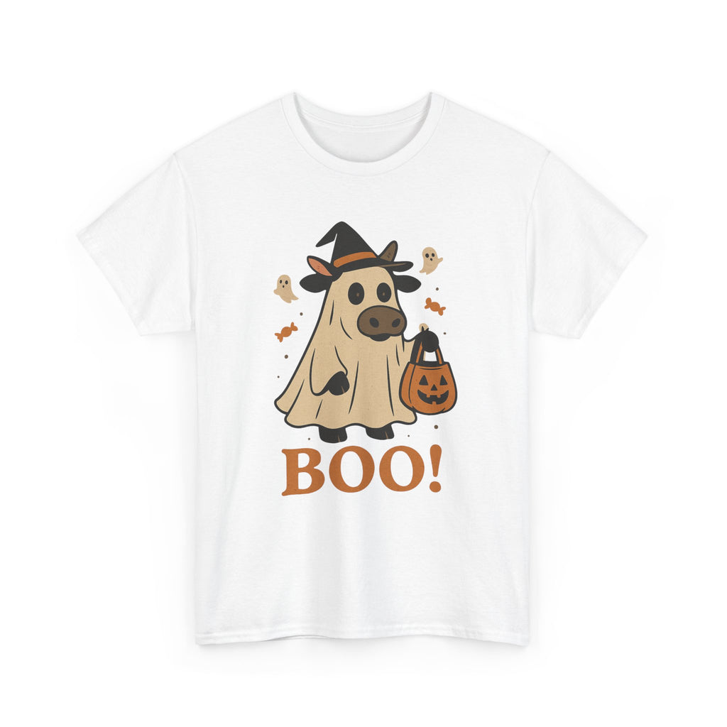 Halloween Ghost Cow Tee, Unisex Heavy Cotton T-Shirt, Cute Halloween Apparel, Spooky Cow Shirt, Fun Halloween Costume Top