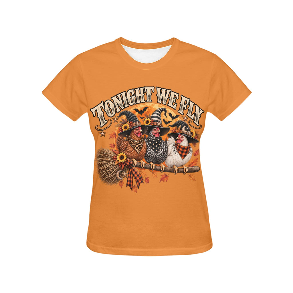 Tonight We Fly Witchy Hens Ladies Halloween T-Shirt Western Farm  (Ships to USA Only)